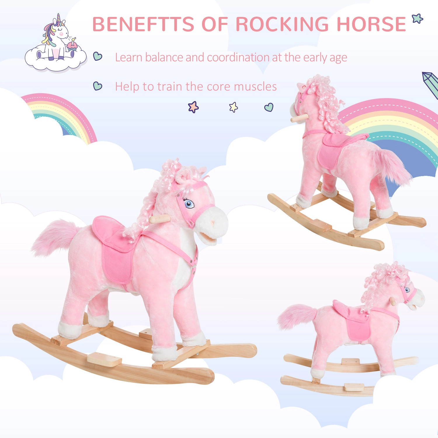 HONGGE Plush Pink Pony Rocking Horse Toy with Neighing Sounds & Long Hair, Holds up to 88 lbs, Ages 3+