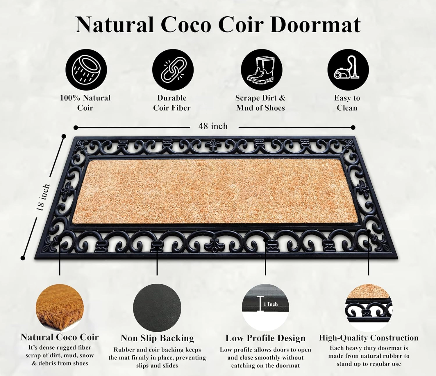 A1 Home Collections Myla Natural Coir and Rubber Front Door Doormat Heavy Duty Entry Mat 18 x 48 In