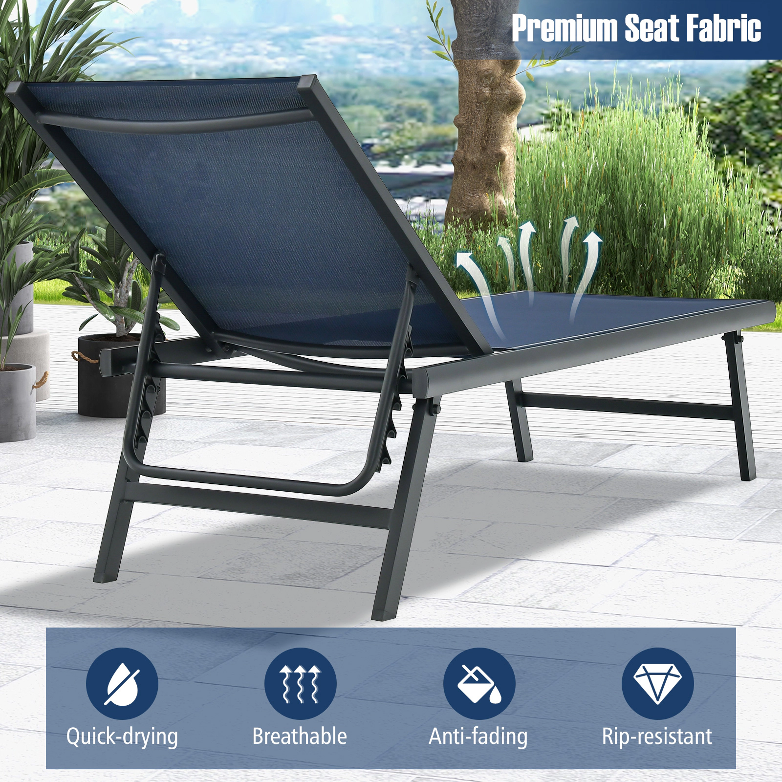 SUGIFT 3 Piece Patio Chaise Lounge Set Navy with Coffee Table for Poolside