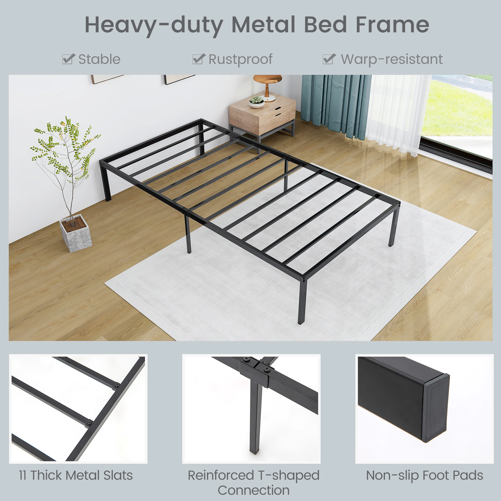 SUGIFT 14-in High Heavy Duty Steel Platform Bed Frame Twin Full Queen 220-570-lb Capacity 14-in Underbed Clearance Black