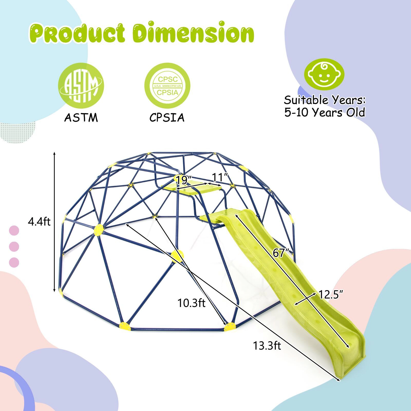 LJG Kids 13.3 FT Climbing Dome Geometric Dome Climber with Extended Wavy Slide and 2 Rest Platforms