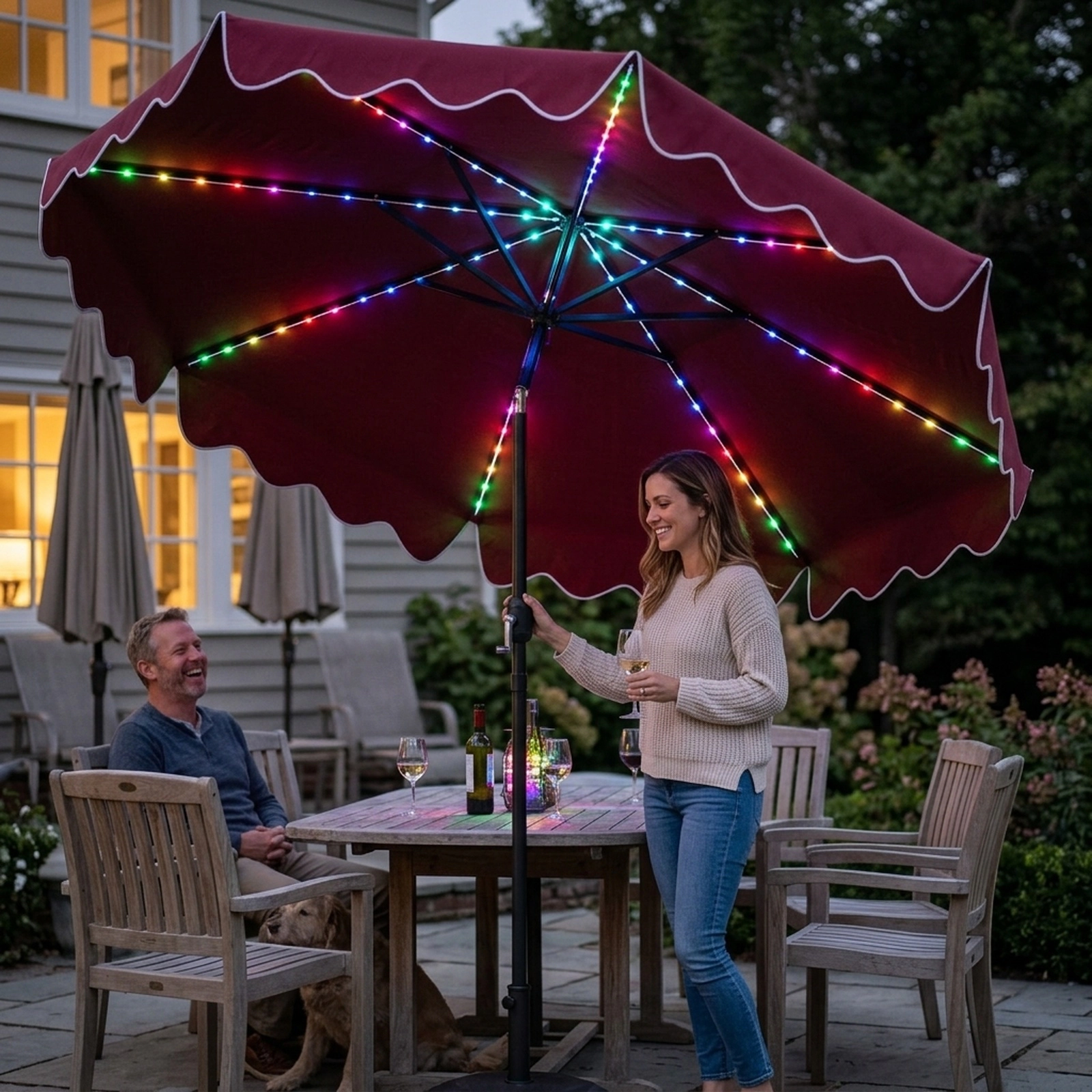 SUGIFT 104-LED Solar 9-ft Patio Umbrella with Color-Changing Lights 8.2-ft Tall with Crank and Tilt 2-Piece Wine