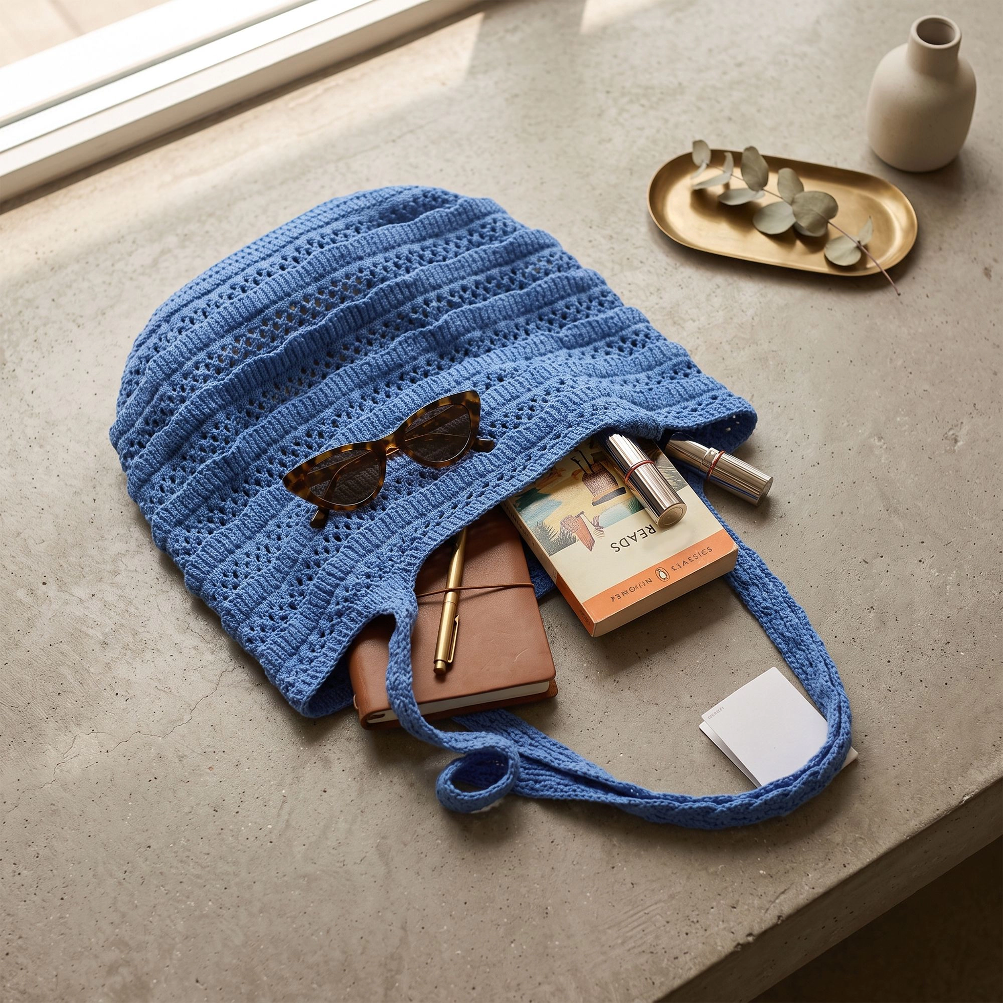 Alilang Women's Crochet Knit Tote Bag with Openwork Ruffle Design and Long Handles, Blue