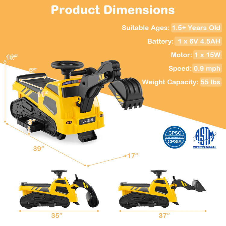Hivvago 6V Ride on Tractor 3-in-1 Electric Excavator with Adjustable Arms and Music-Yellow