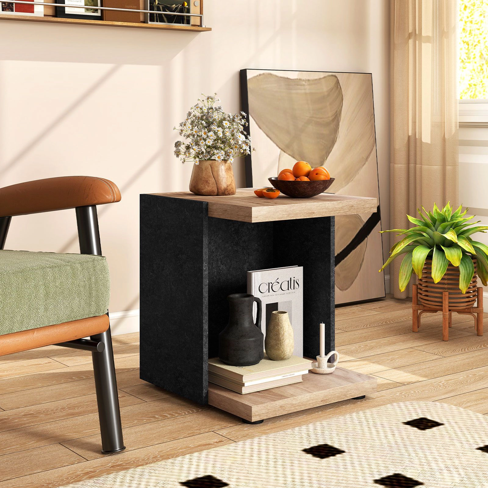 SlickBlue Mid Century 2-Tier Side Table with Oak and Black Finish
