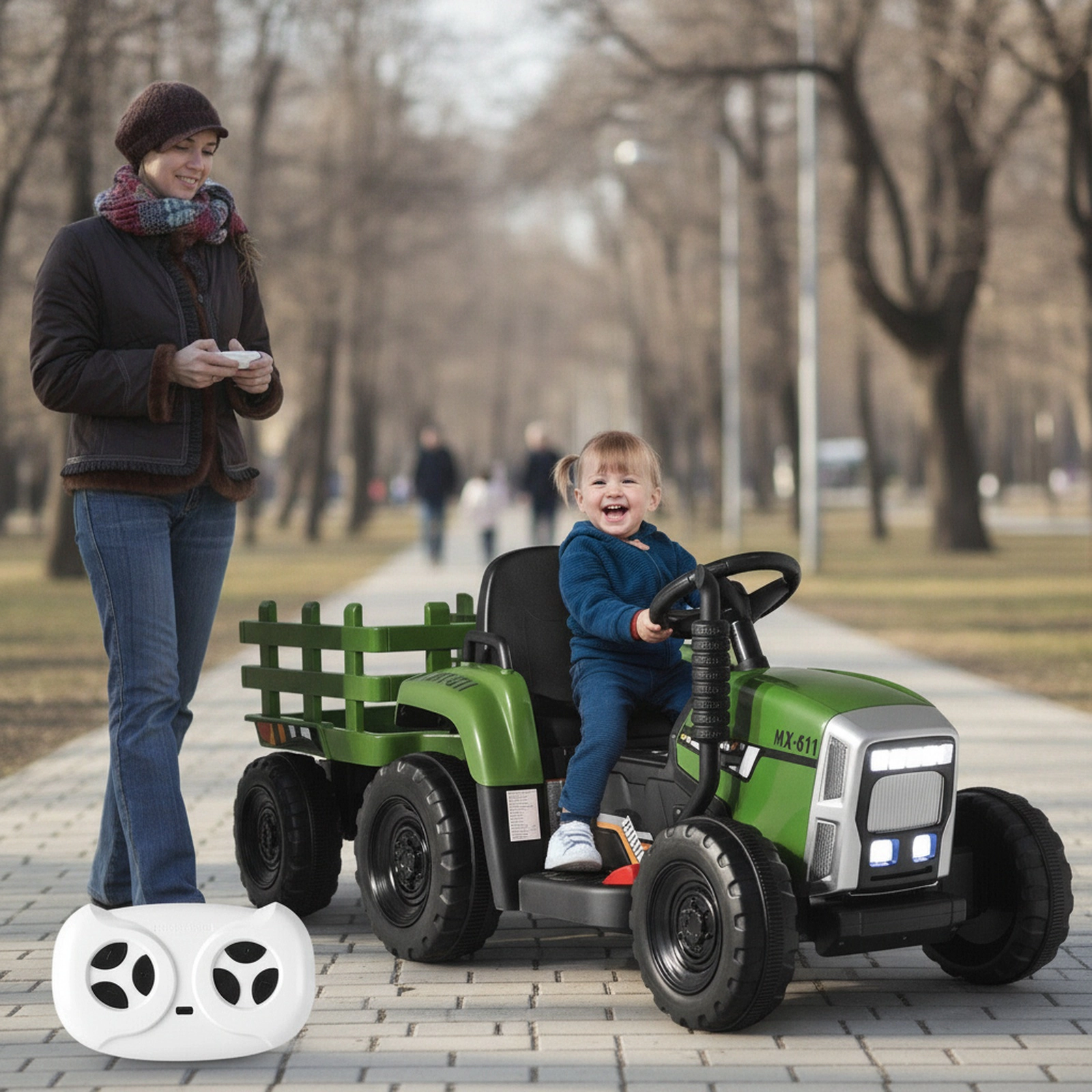 12V Ride On Tractor for Kids Detachable Trailer 3-Gear Shift Ground Loader Parent Remote LED Lights Ages 3+ Dark Green