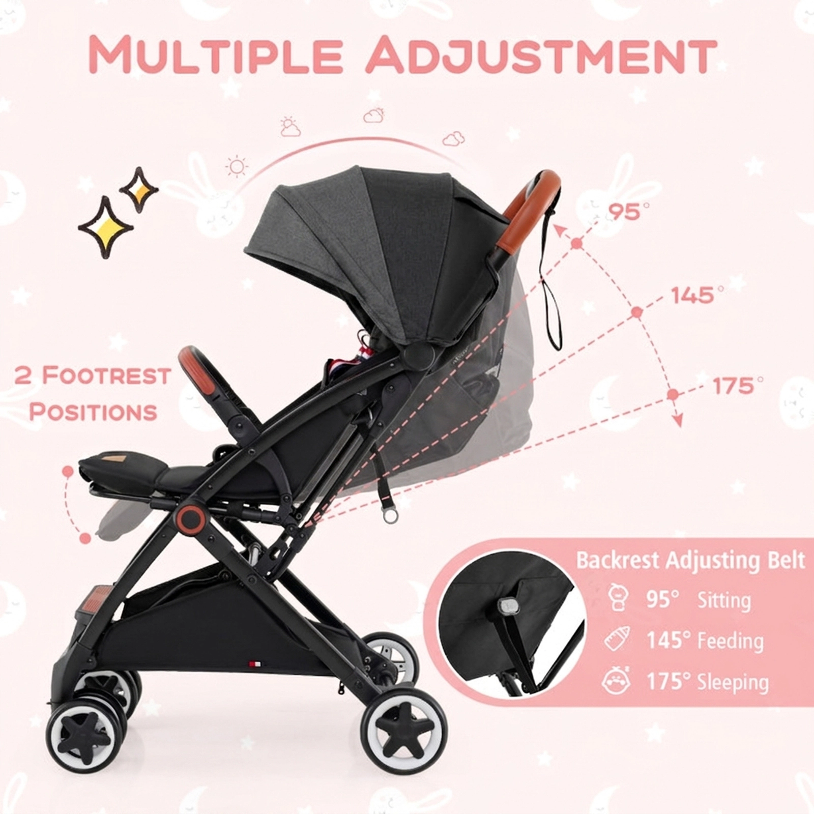 SUGIFT Lightweight Aluminum Frame Baby Stroller 33-lb Capacity Ages 0-3 Years Black with Parasol and Mosquito Net