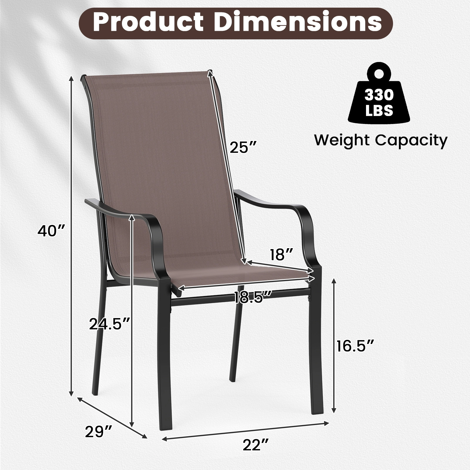 LJG Patio Dining Chair Set of 2 with Wide Seat and Heavy-Duty Metal Frame