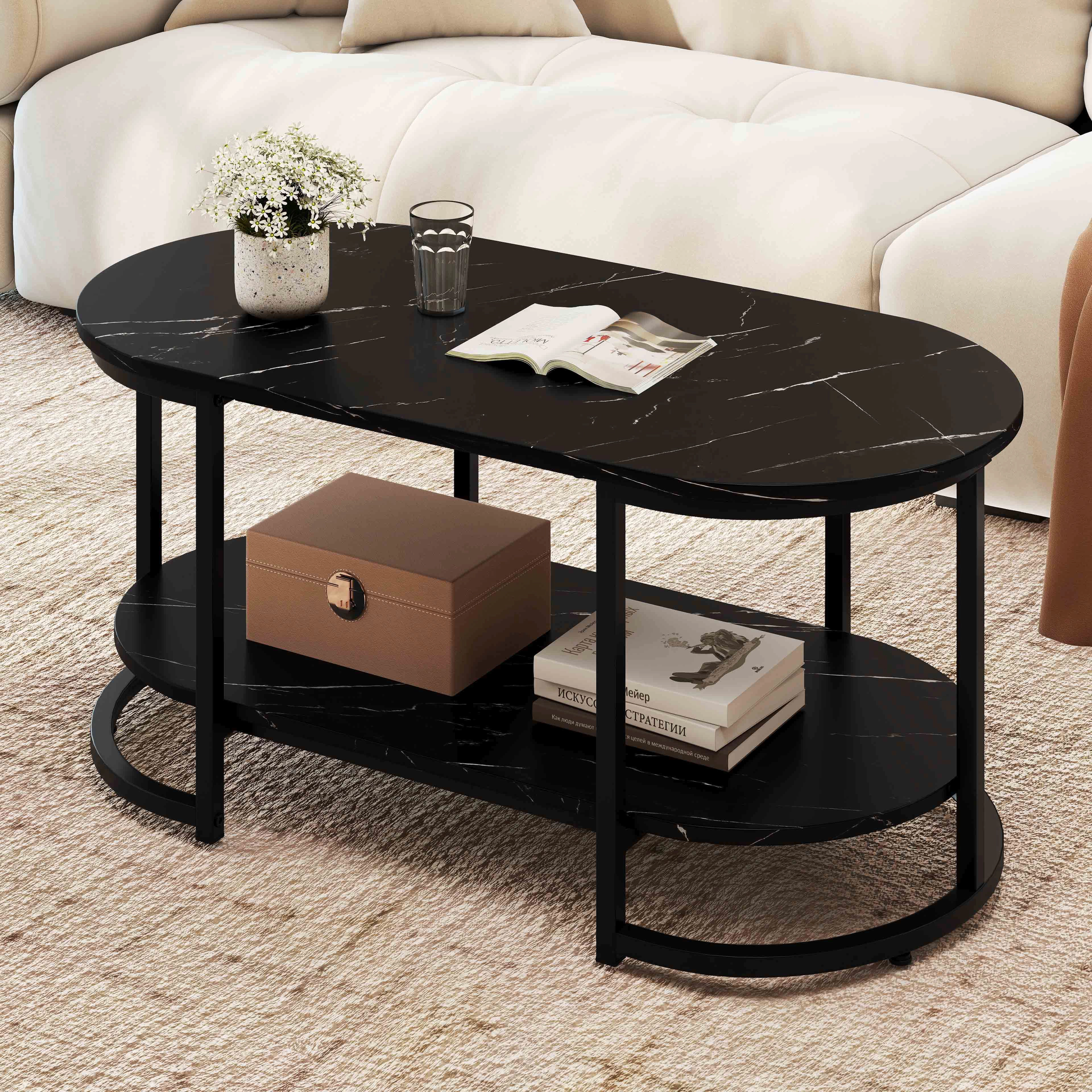 SlickBlue Marble Coffee Table with Open Storage Shelf