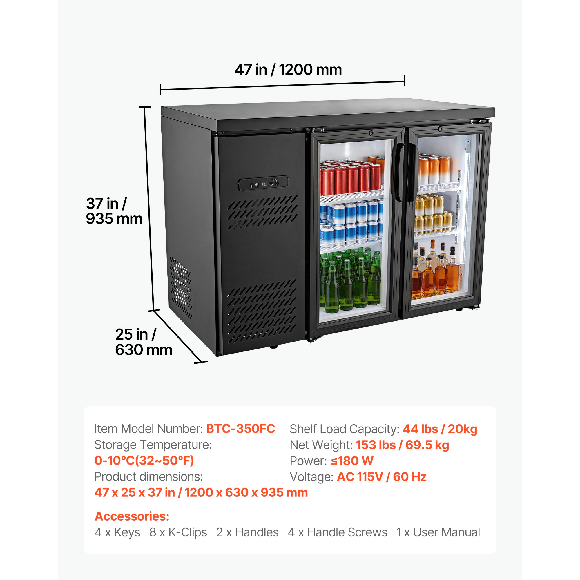 HONGGE 11.8 Cu. Ft Back Bar Beverage Cooler with 2 Glass Doors & LED Lighting for Bar, Restaurant, Cafe