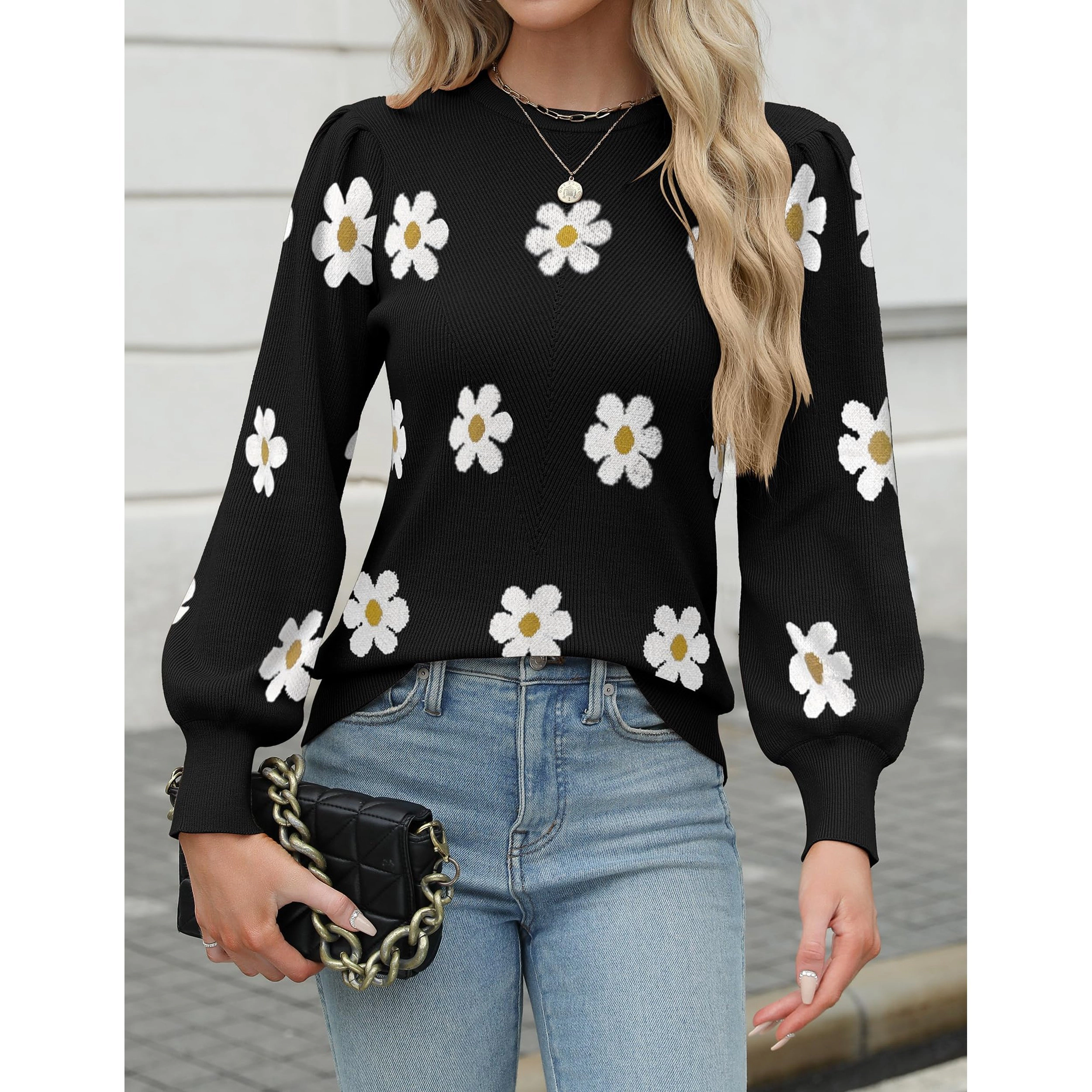 Zeagoo Women's Puff Long Sleeve Ribbed Knit Pullover