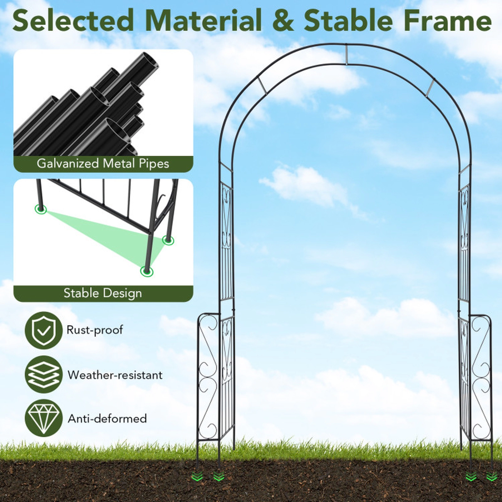 SUGIFT Metal Garden Arch Backdrop Stand with Fence for Climbing Plants 95-in Tall Black