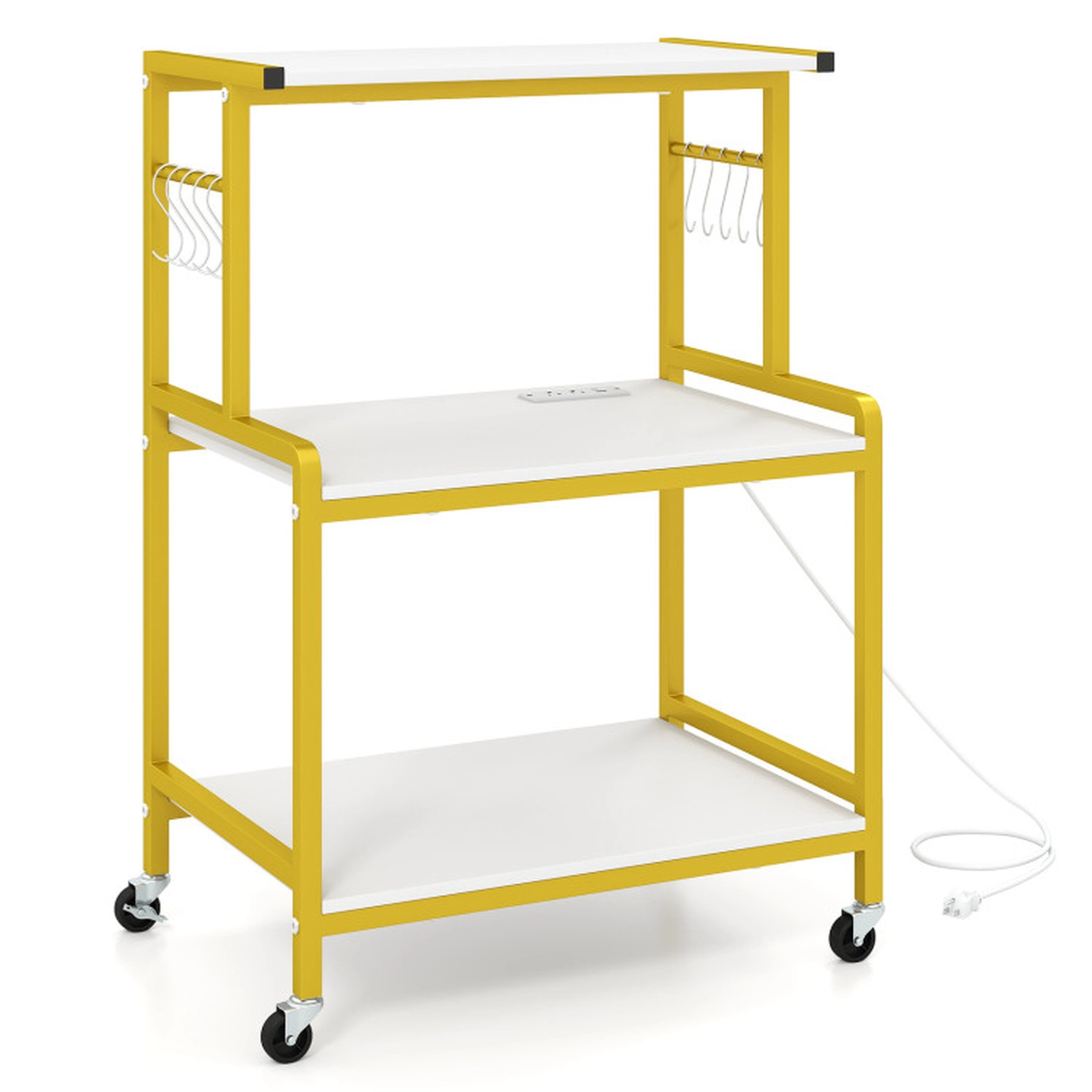 SUGIFT 3-Tier Rolling Microwave Cart with Power Outlet Lockable Wheels and 10 Hooks 286-lb Capacity White & Gold