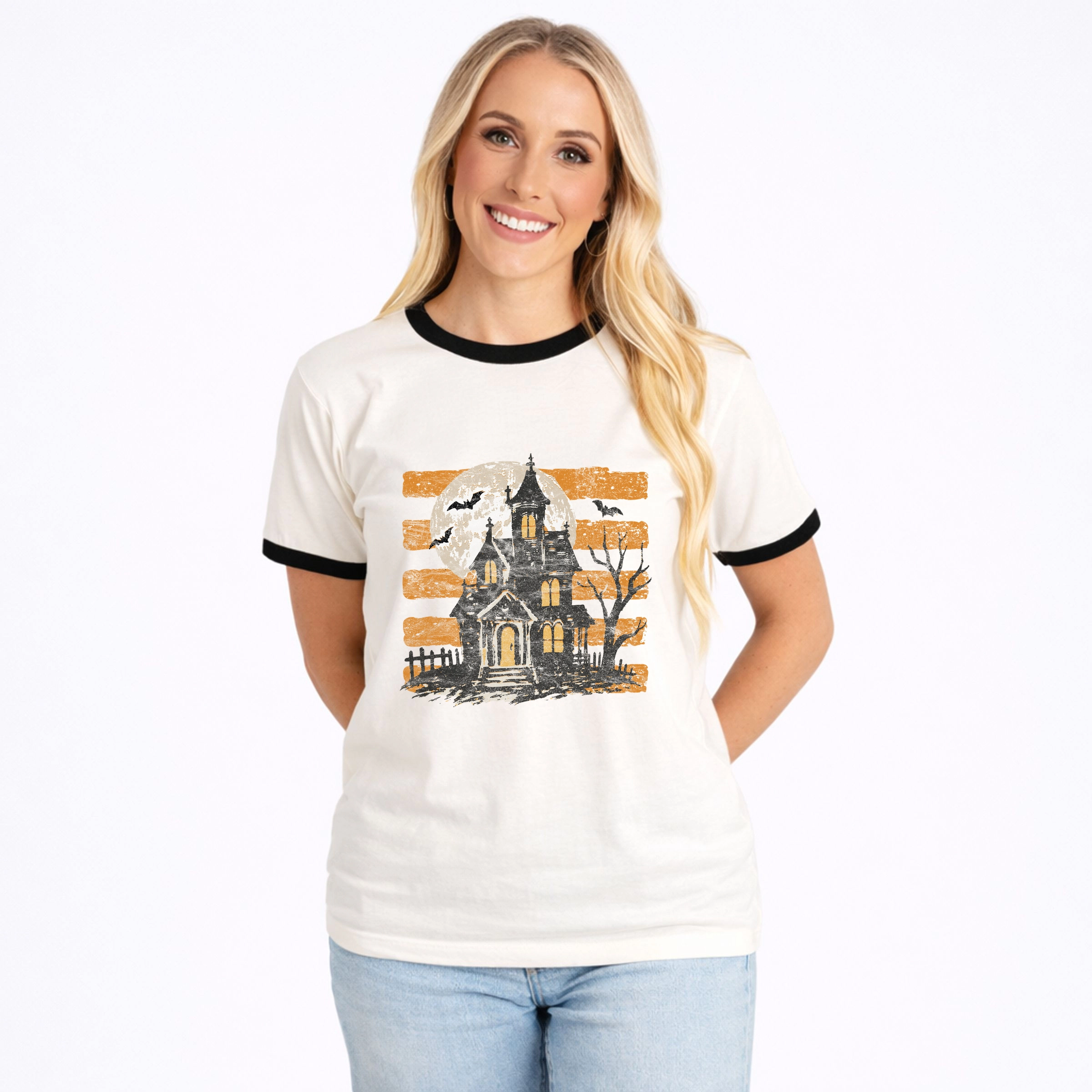 Simply Sage Market - Women's Ringer Graphic T-Shirt Haunted House Orange Stripes