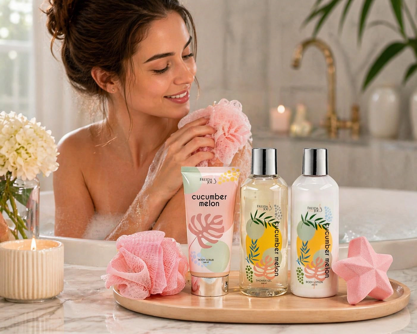 Freida and Joe  Women Cucumber Melon Spa Gift Box For Her – Relaxing Bath & Body Self-care Set