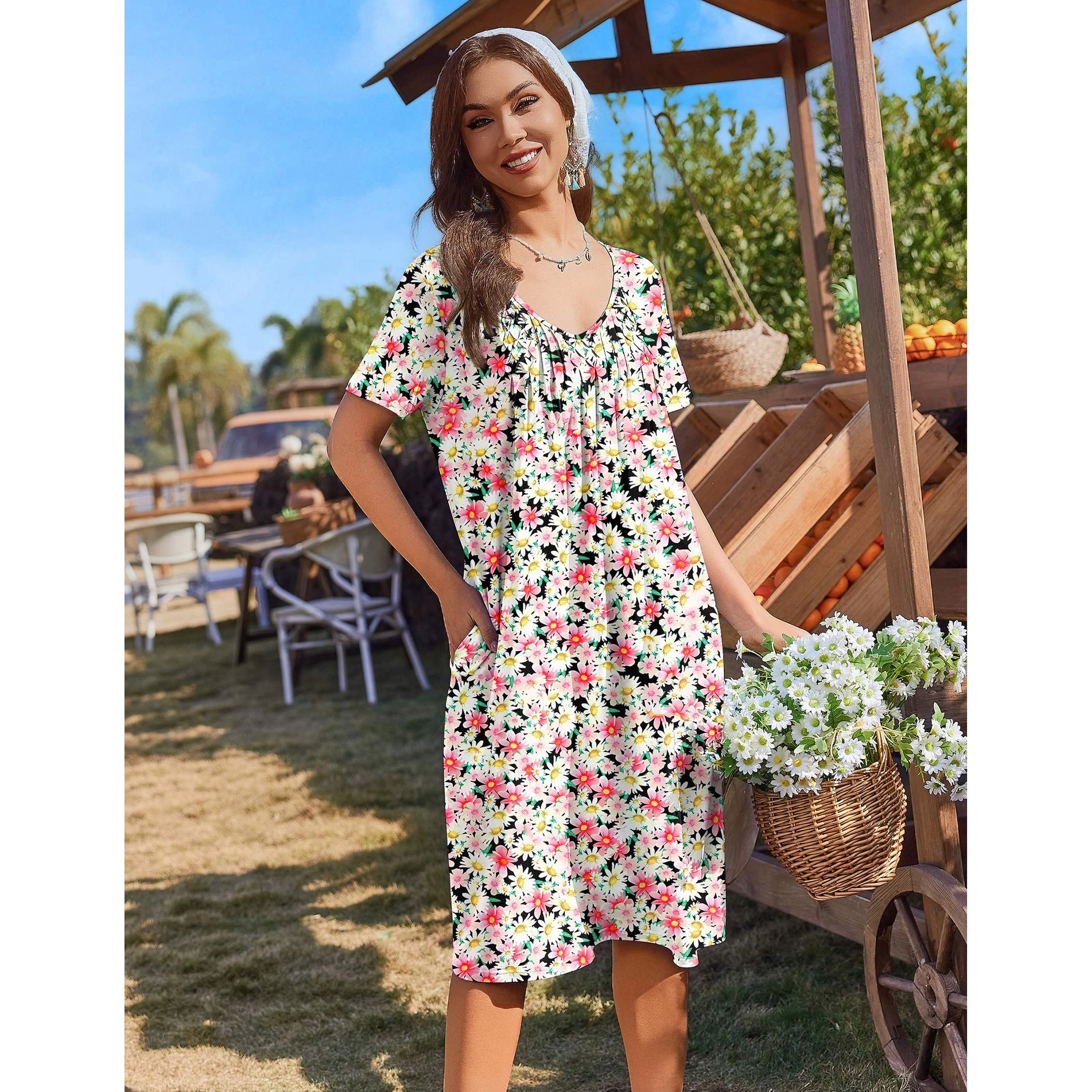 Ekouaer House Dress for Womens Pleated Night Gowns Mumu Dresses Nightgown Loose