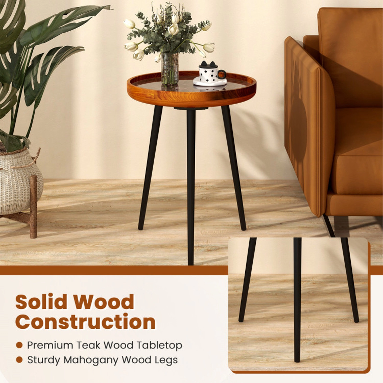 SUGIFT 16-in Round Sea Shell Accent End Table with Waterproof Epoxy Resin Tray Top and Teak Wood Surface