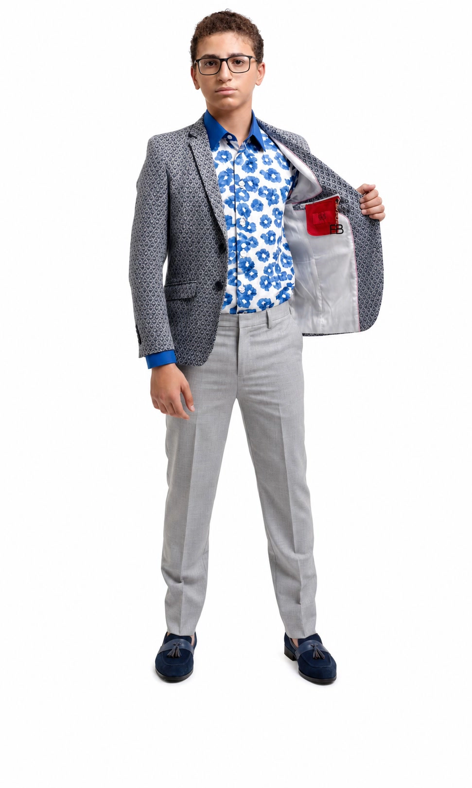 Elie Balleh Boys Slim Fit Geometric Brocade Blazer