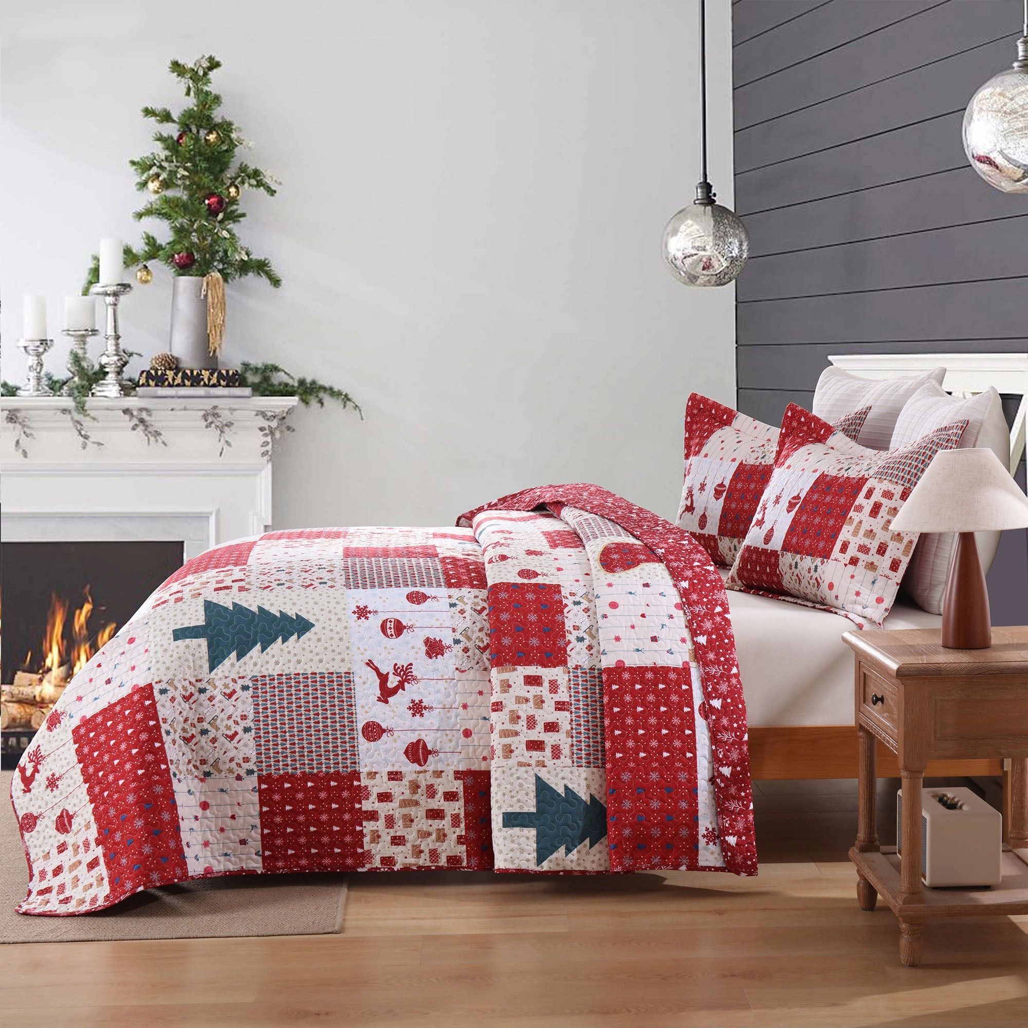 MarCielo 3 Pieces Christmas Holiday Quilt Bedspread Set