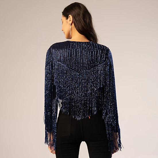 Rose & Nancy Women's Blue Black Scarlett Beaded Fringe Jacket