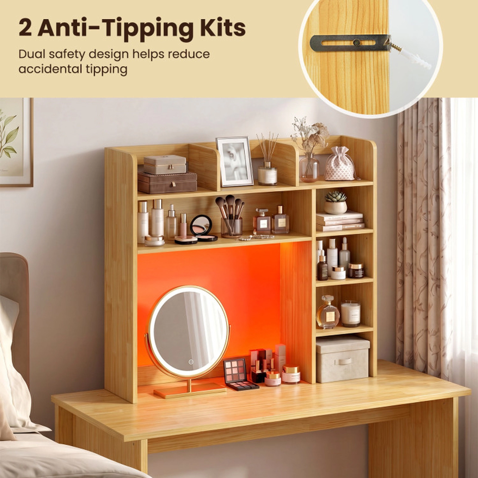 SUGIFT RGB LED Desktop Bookshelf Desk Hutch Storage Organizer with Adjustable Shelves 100-lb Top Shelf Capacity Beige