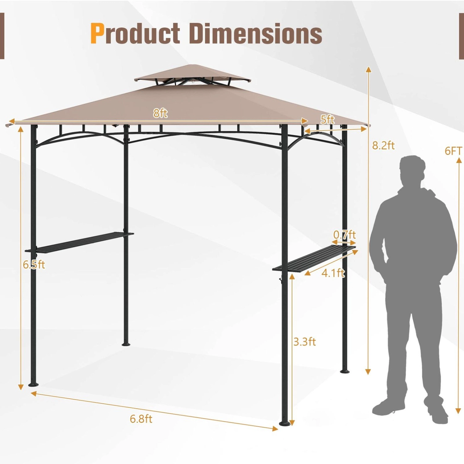 SUGIFT 8-ft x 5-ft Gray Grill Gazebo BBQ Canopy with Double-Tiered Roof 2 Side Shelves and 6 Hooks