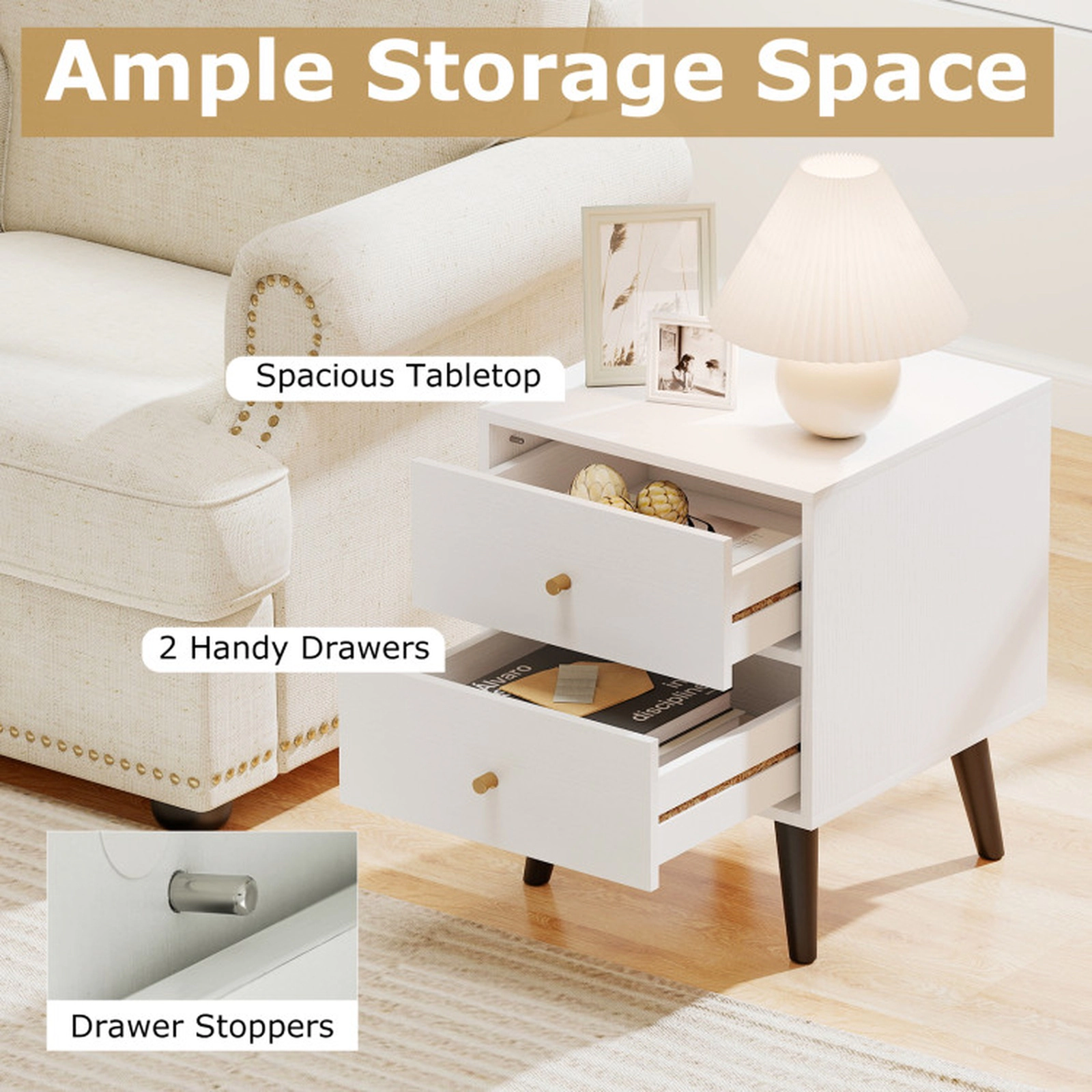 SUGIFT Mid Century Modern Nightstand 2 Drawers Golden Handles & Raised Legs 66-lb Tabletop Capacity White