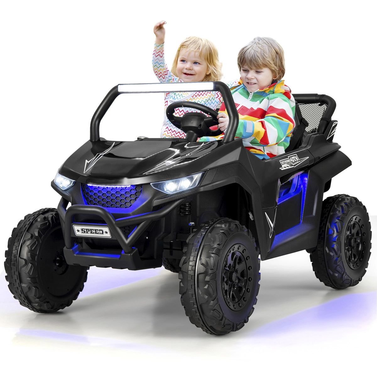 SUGIFT 12V 130-lb Capacity Black 2-Seater Kids Ride On UTV with Remote Control Spring Suspension and Lockable Doors
