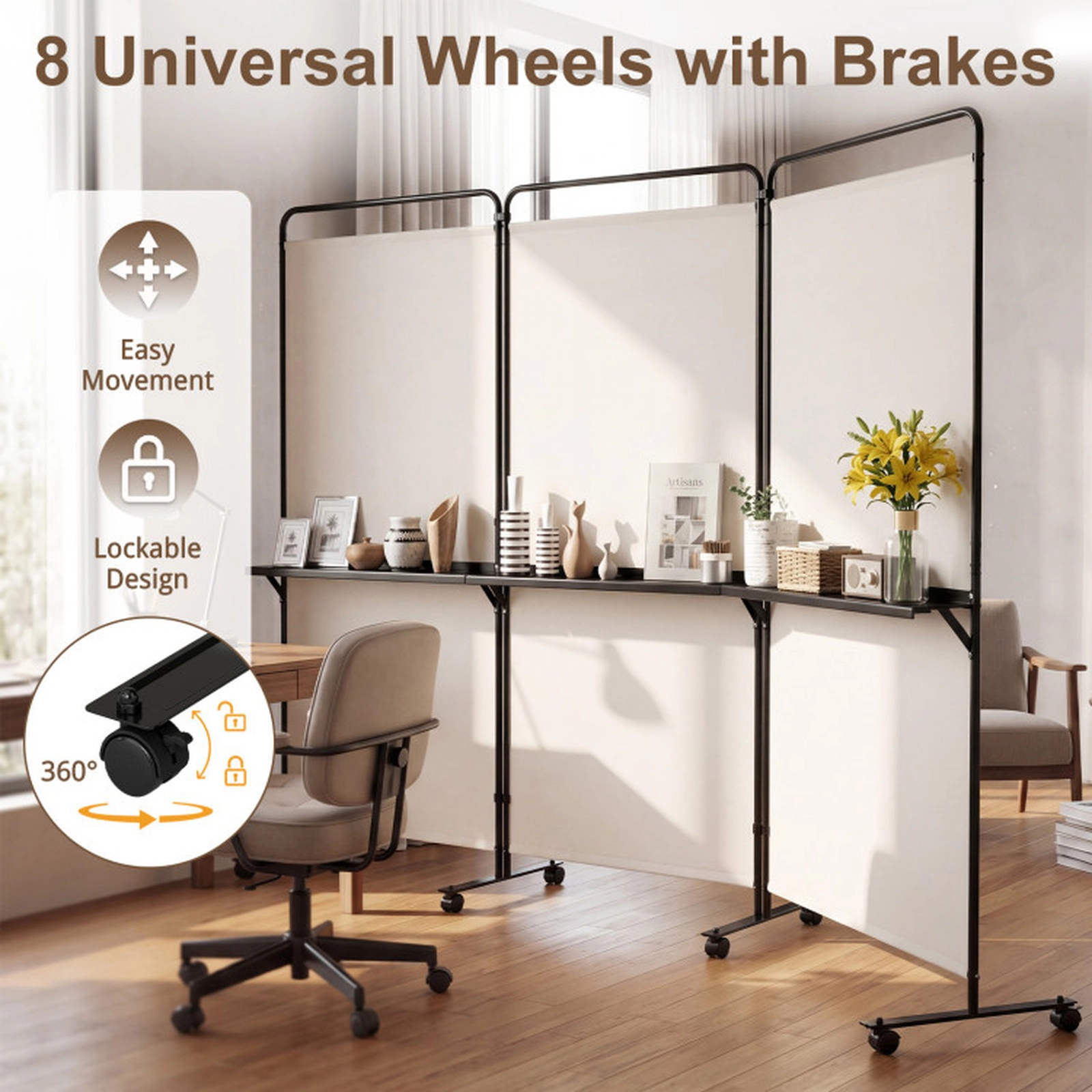 SUGIFT 3-Panel Room Divider with Shelves 74-in Tall Folding Privacy Screen with Lockable Wheels White