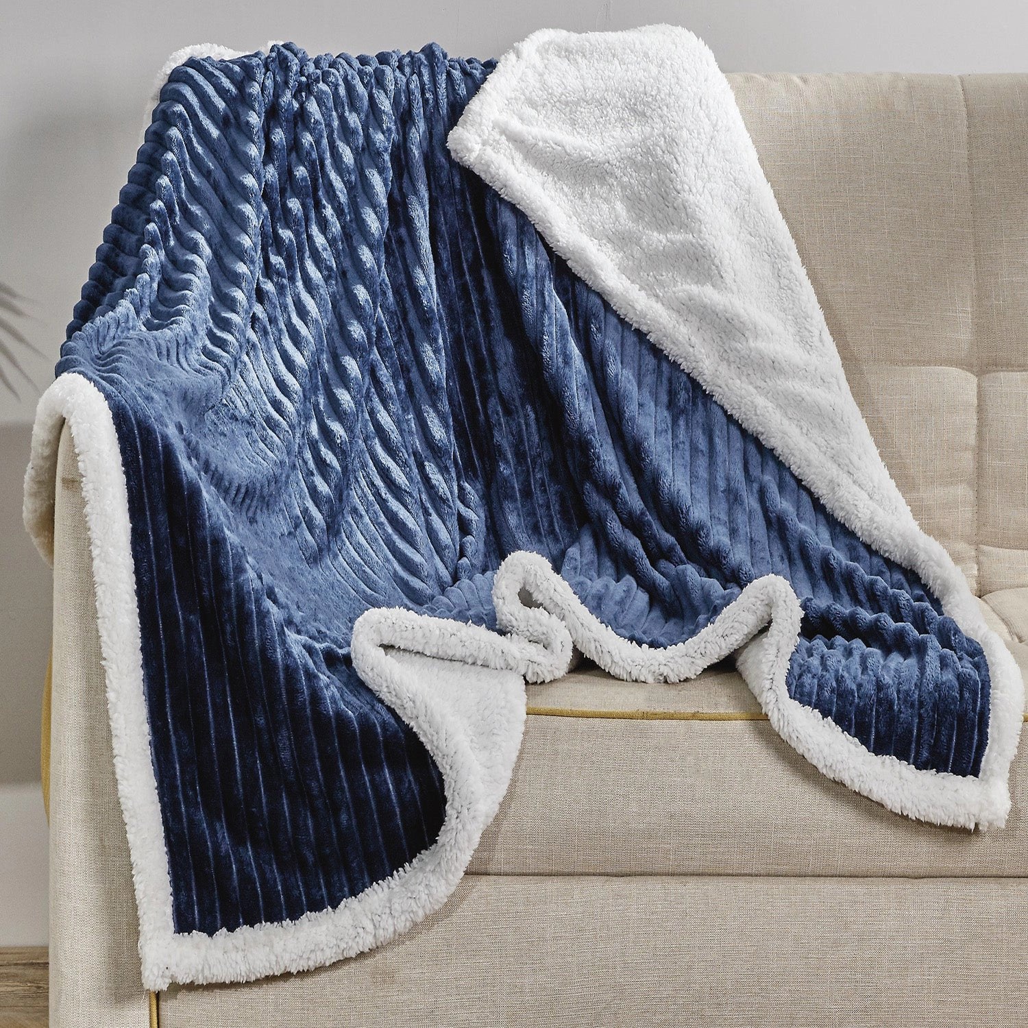 Plazatex Corduroy Faux Sherpa Reverse Throw Blanket - 50" x 60", Navy