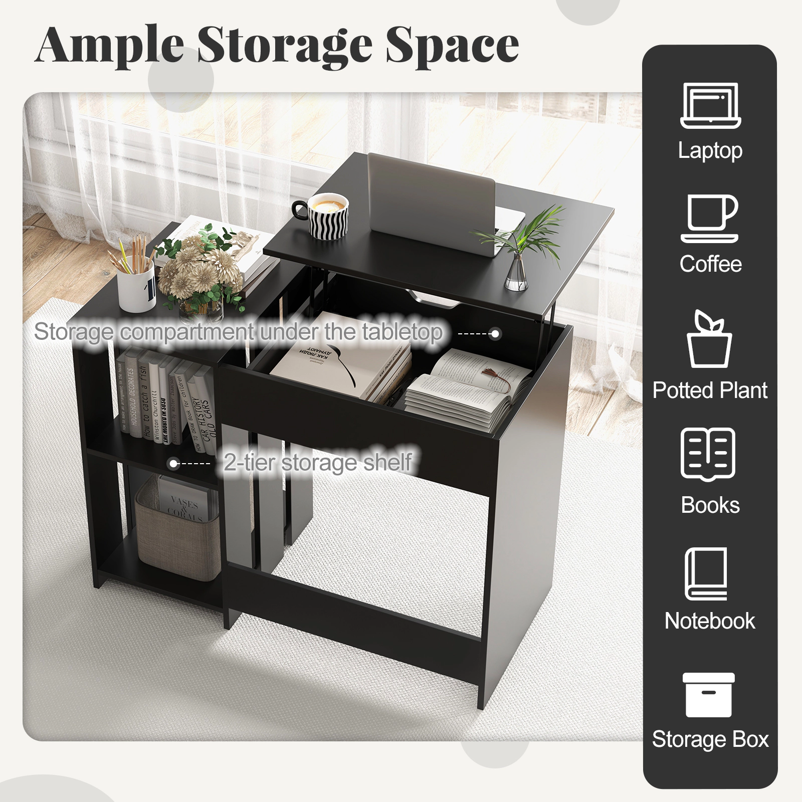 SUGIFT 39.5 in Computer Desk Black Lift Top with Hidden Compartment and Storage Shelves