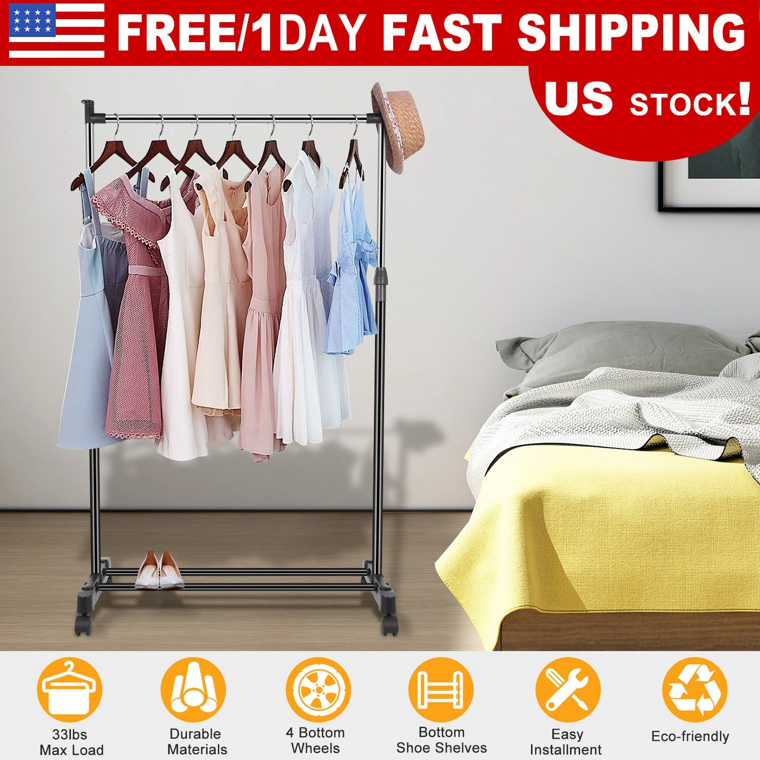 GBruno Adjustable Rolling Garment Rack With Shelf