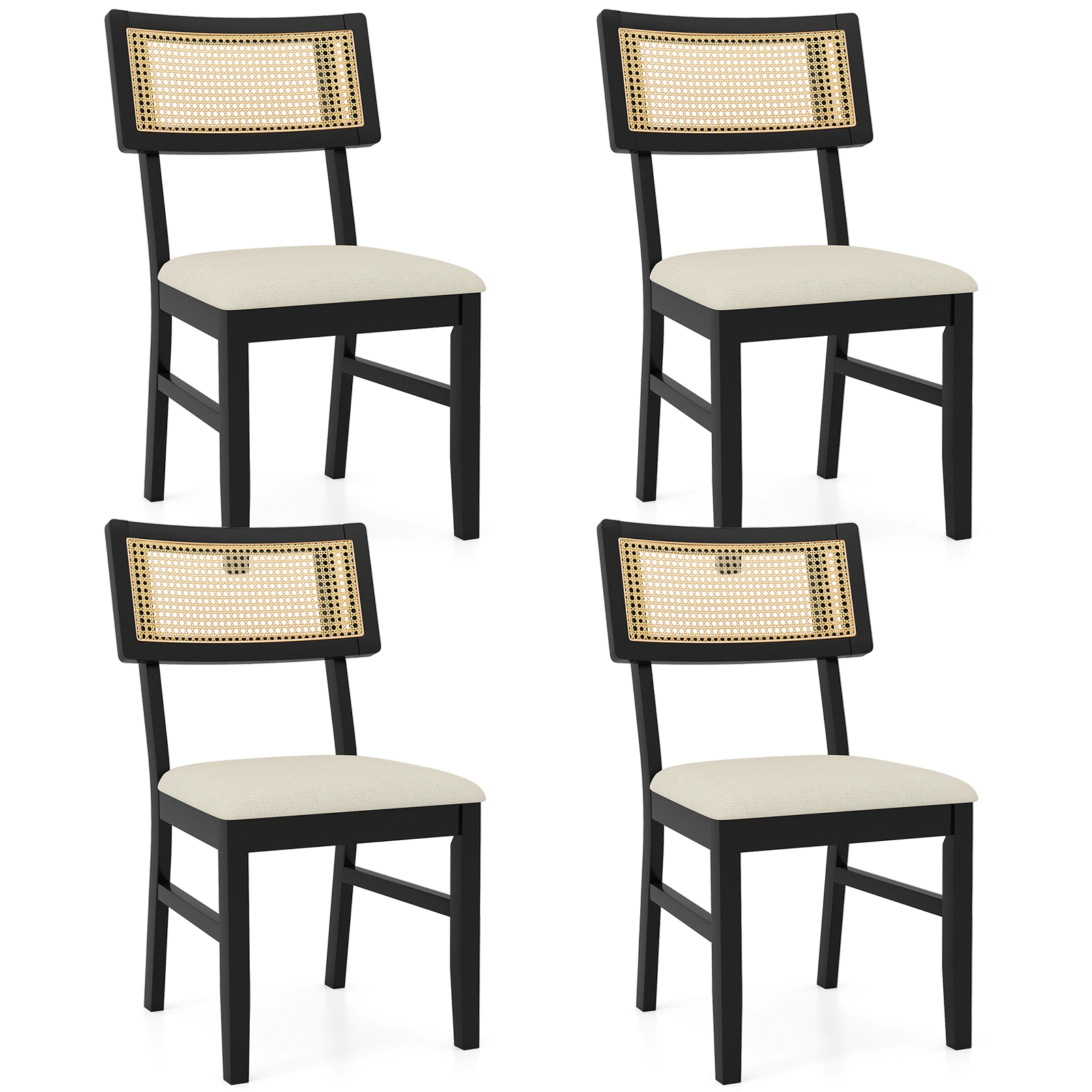 LJG Rattan Dining Chairs Set of Fabric Upholstered Kitchen Chairs with Padded Seat and Rubber Wood Legs