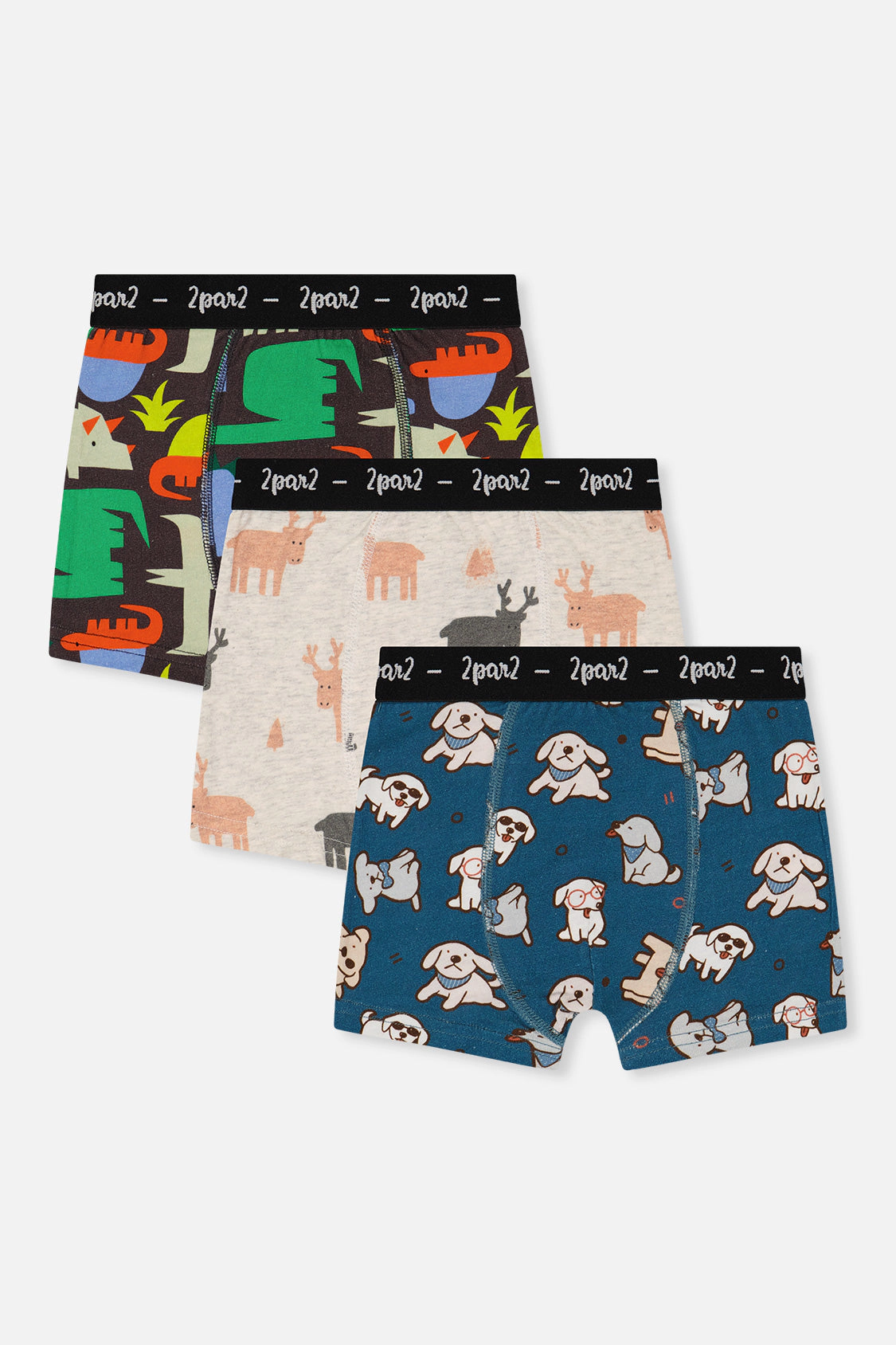 Deux par Boys Elk, Dog and Dinosaur Print Boxer Pack of 3 with Elastic Waistbands