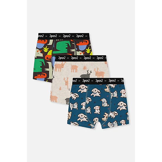 Deux par Deux Boys Elk, Dog and Dinosaur Print Boxer Pack of 3 with Elastic Waistbands