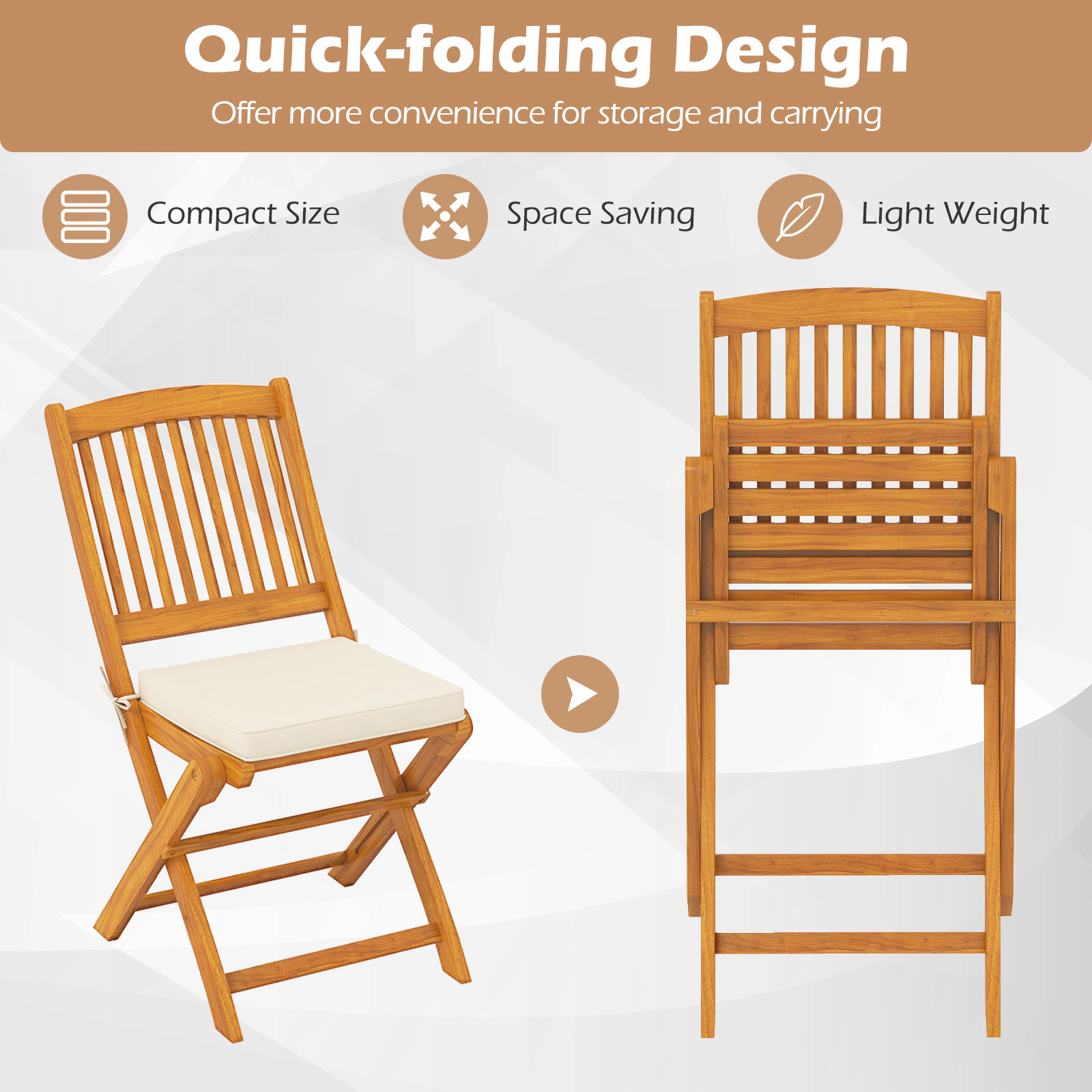SUGIFT Set of 2 Natural Acacia Wood Folding Outdoor Chairs with Beige Cushions, 400 lb Capacity