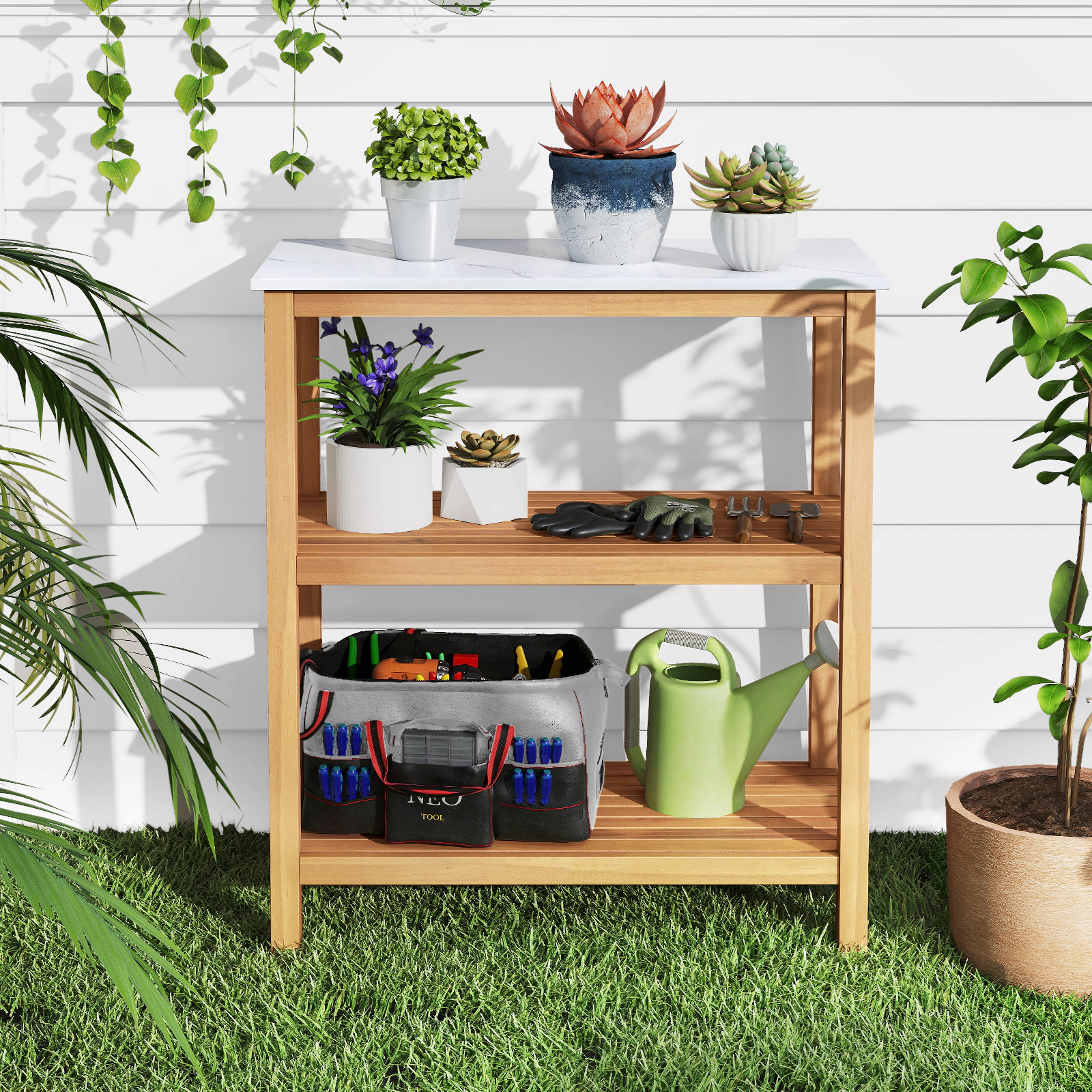 LJG 3-Tier Garden Potting Bench Table with Marble-Like Countertop