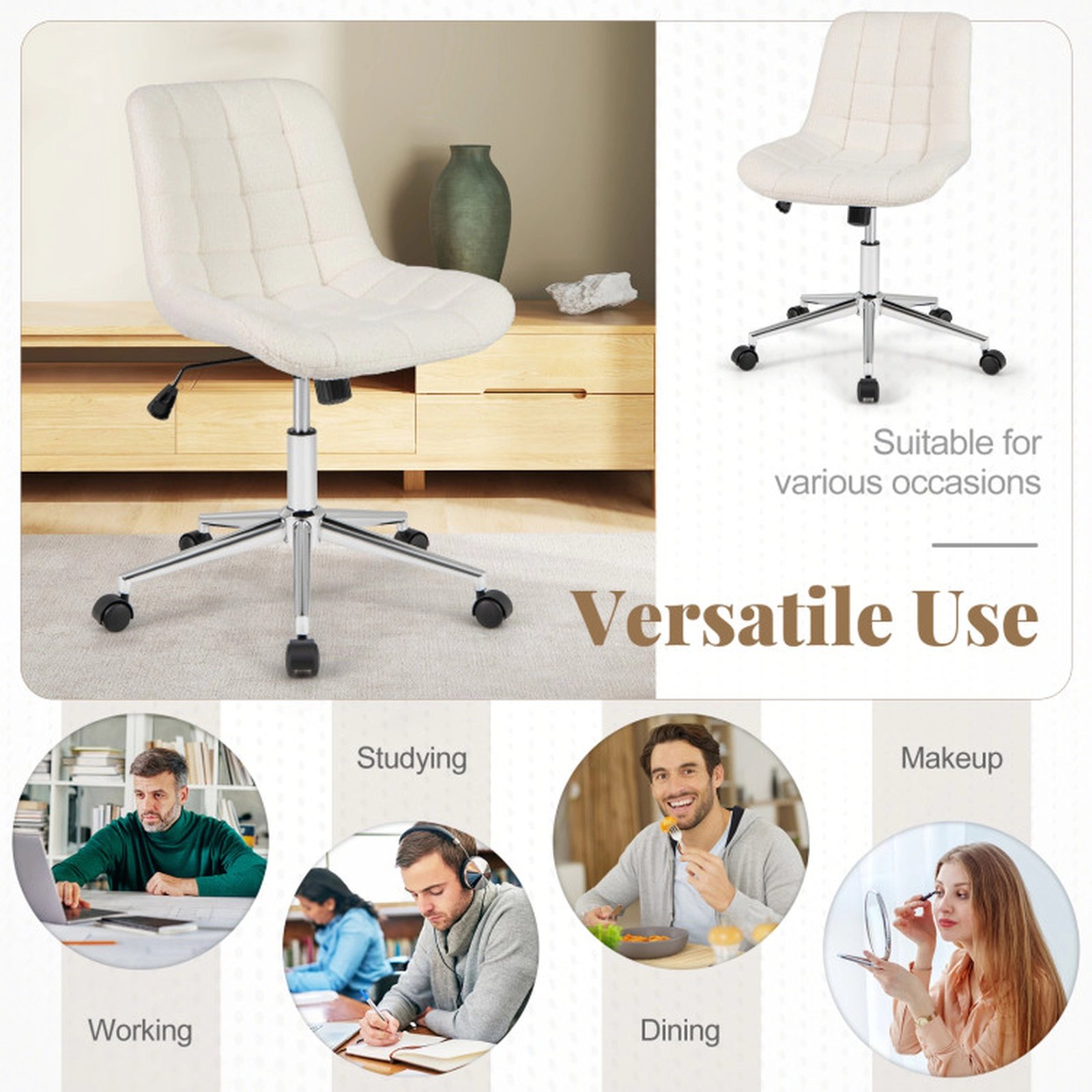 SUGIFT Teddy Fleece Armless Curved Backrest Swivel Vanity Office Chair 26.5-in x 26.5-in x 31.5-in 250-lb White