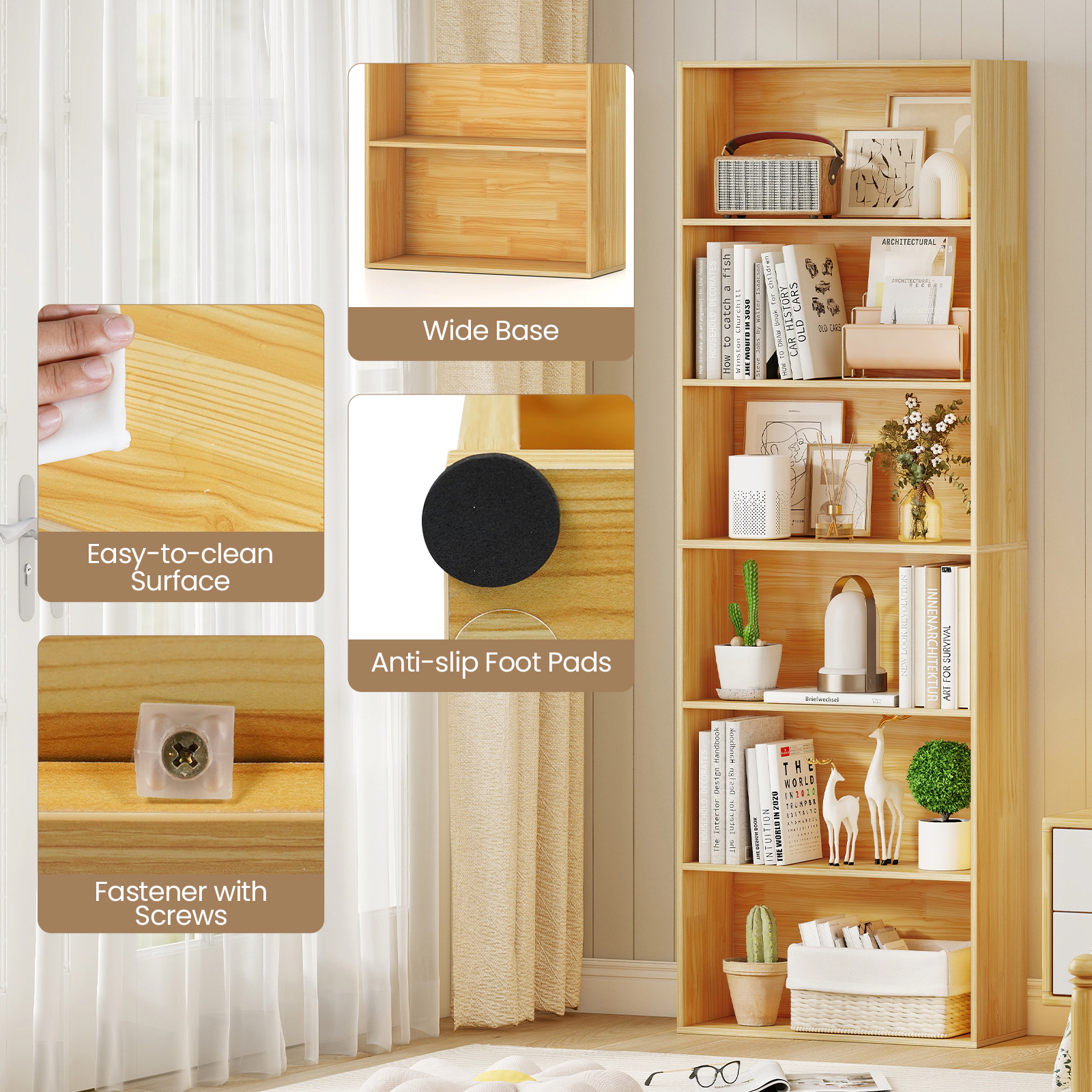 SUGIFT 6-Tier Natural 70-in Tall Bookshelf with 6 Uniform Open Shelves 2 Anti-Toppling Kits and 200-lb Top