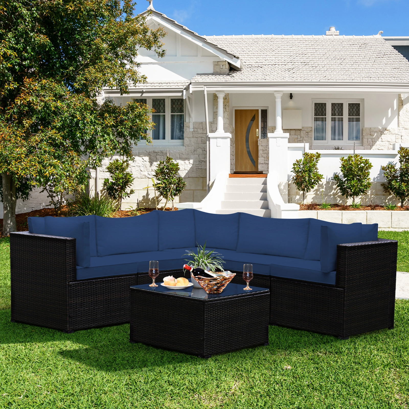 SUGIFT 6-Piece Navy Patio Rattan Sectional Set with Glass Table 27.5-in W 27.5-in D 27.5-in H 360-lb Sofa Capacity