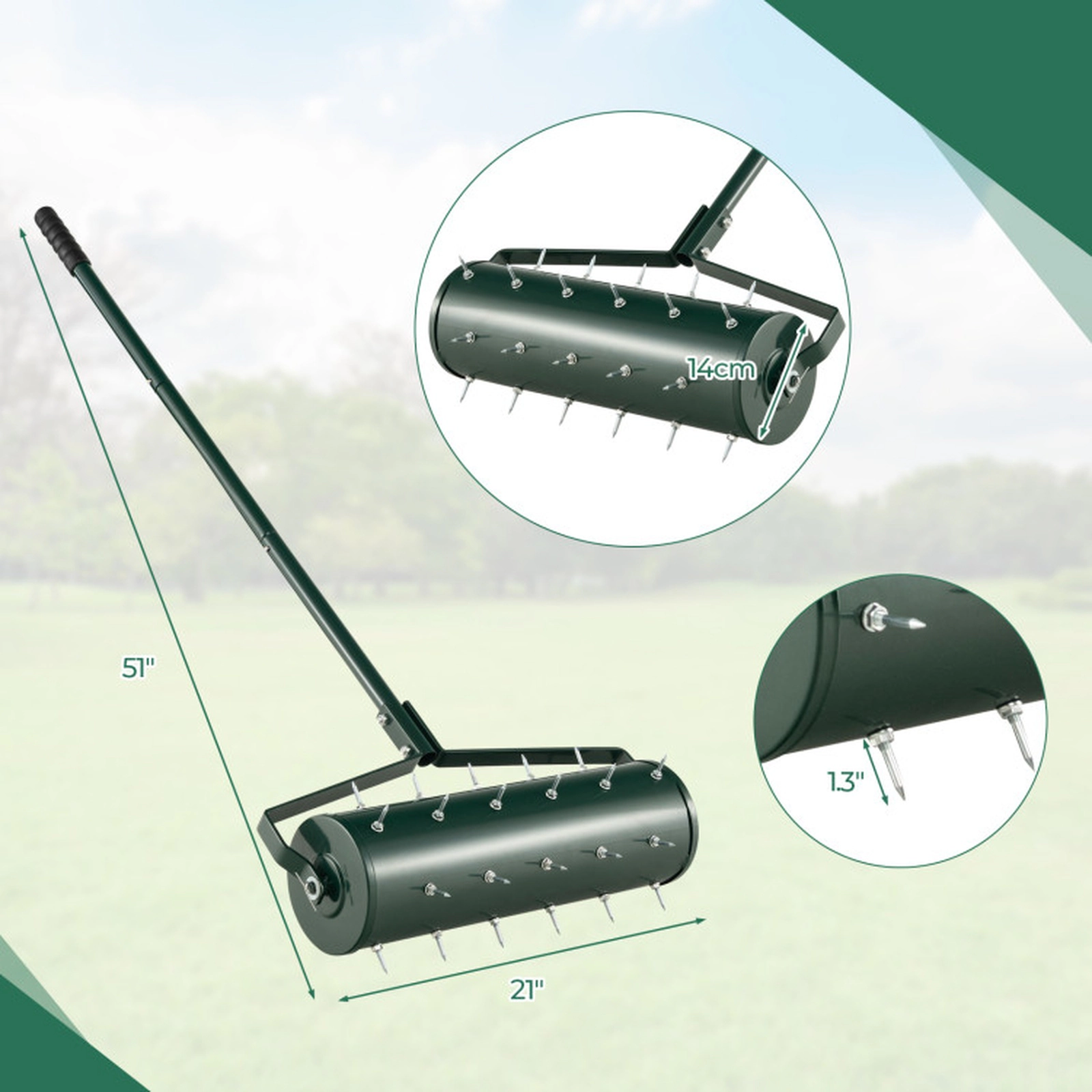SUGIFT 18/21-In Manual Rolling Lawn Aerator with 51-in Detachable Handle 1.3-in Spikes Fillable Drum Green