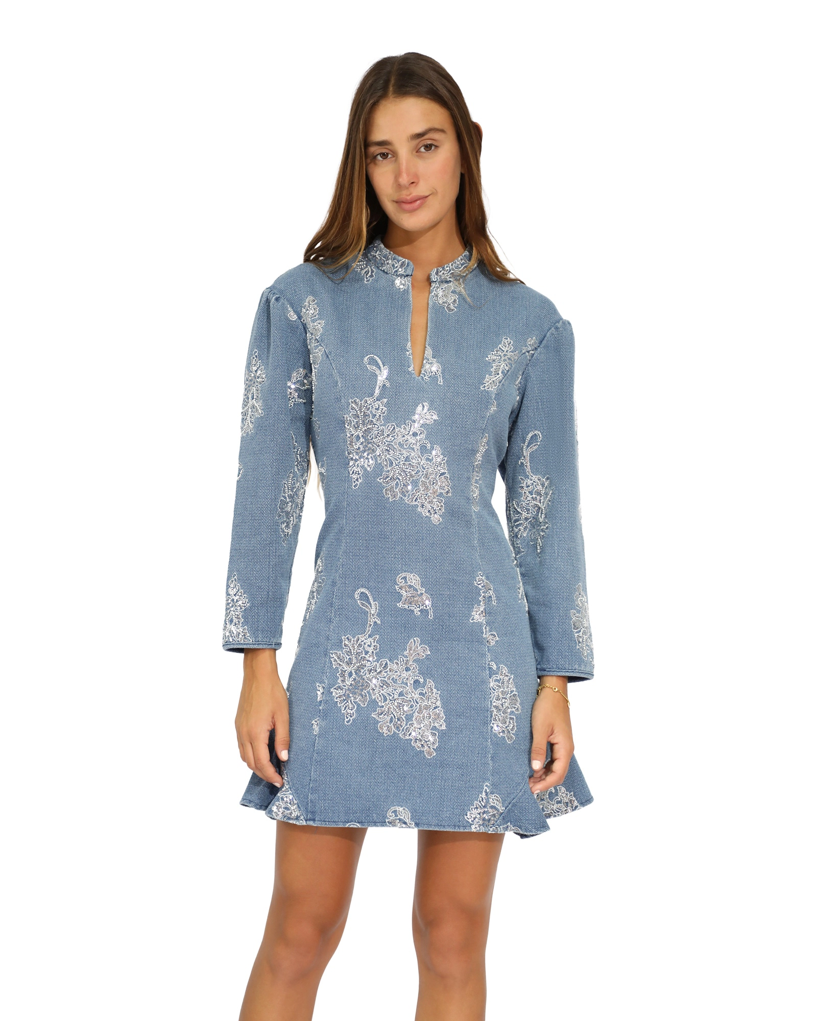 Belle & Bloom Heart You Denim Beaded Mini Dress