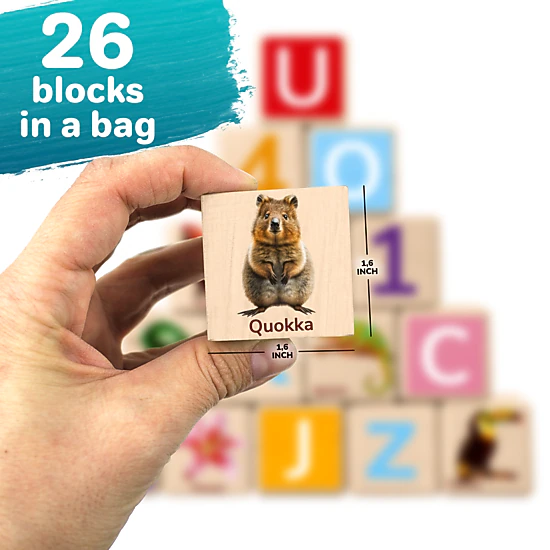 QUOKKA Wooden Alphabet Blocks & Peg Puzzle Set, ABC Learning Toys for Toddlers, Ages 1+