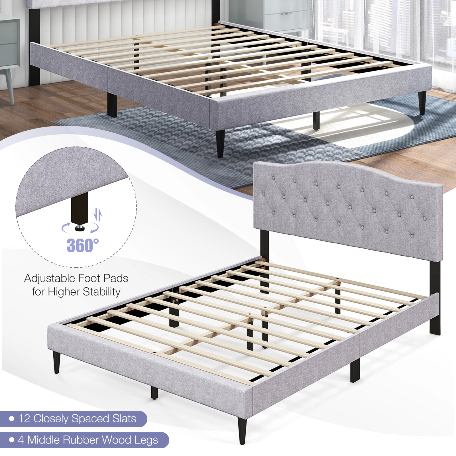 SUGIFT Button Tufted Upholstered Queen Platform Bed Frame with Linen Headboard 800-Lb Capacity 85.5-in Length Gray