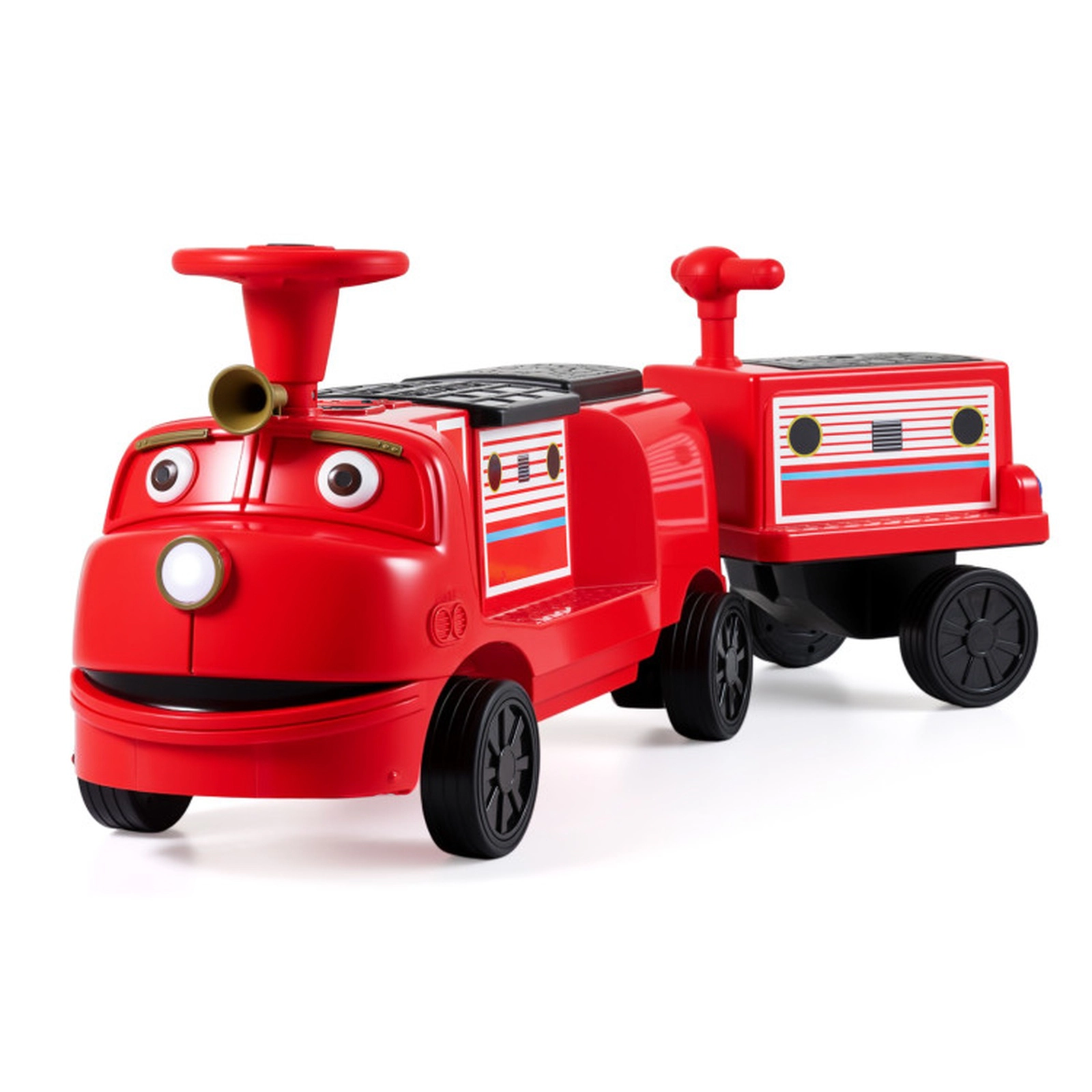 SUGIFT 12V 3-Seater Ride-On Train with Detachable Carriage 132-lb Seat Capacity Ages 3+ Yellow & Blue/Red & Black