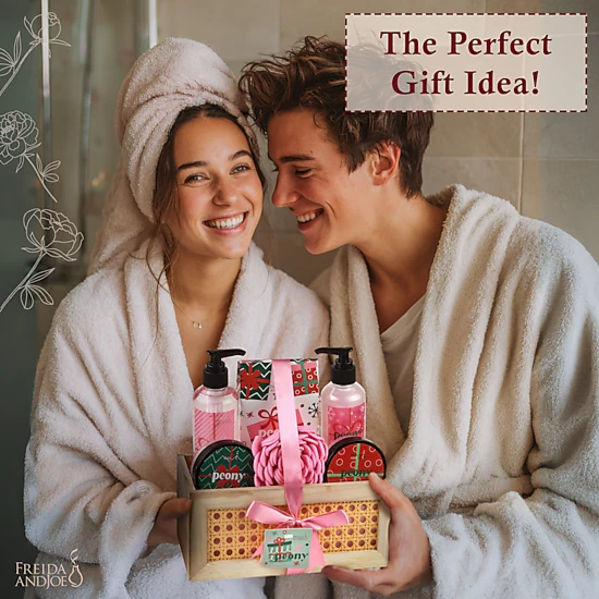 Freida and Joe  Women Pink Peony Bath & Body Spa Gift Set In Natural Wood Basket