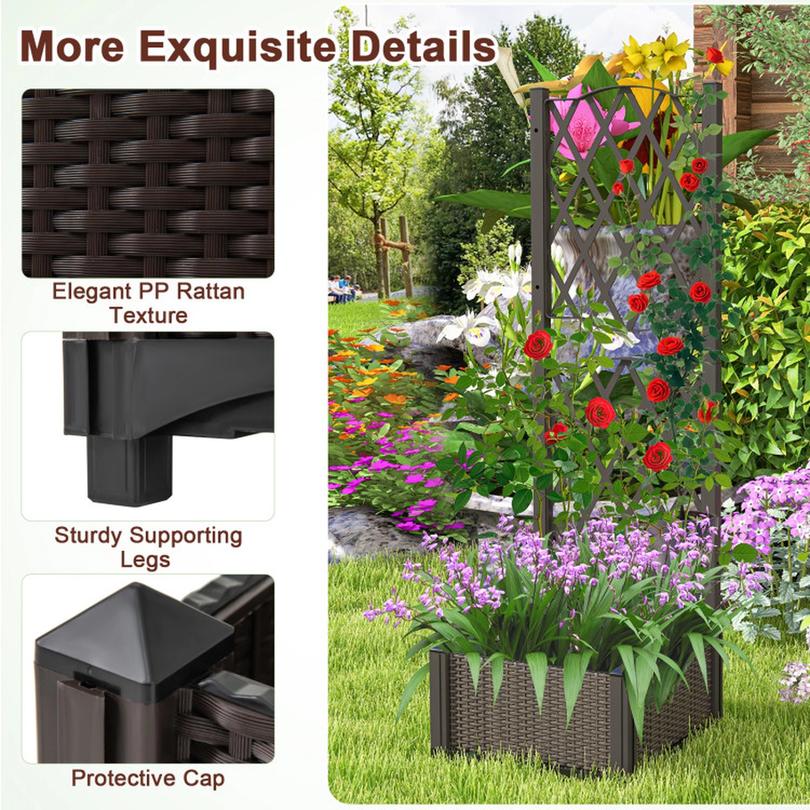 SUGIFT 48-in 88-lb Capacity Brown PP Raised Garden Bed with Vertical Trellis Self Watering Disk and Storage Plate