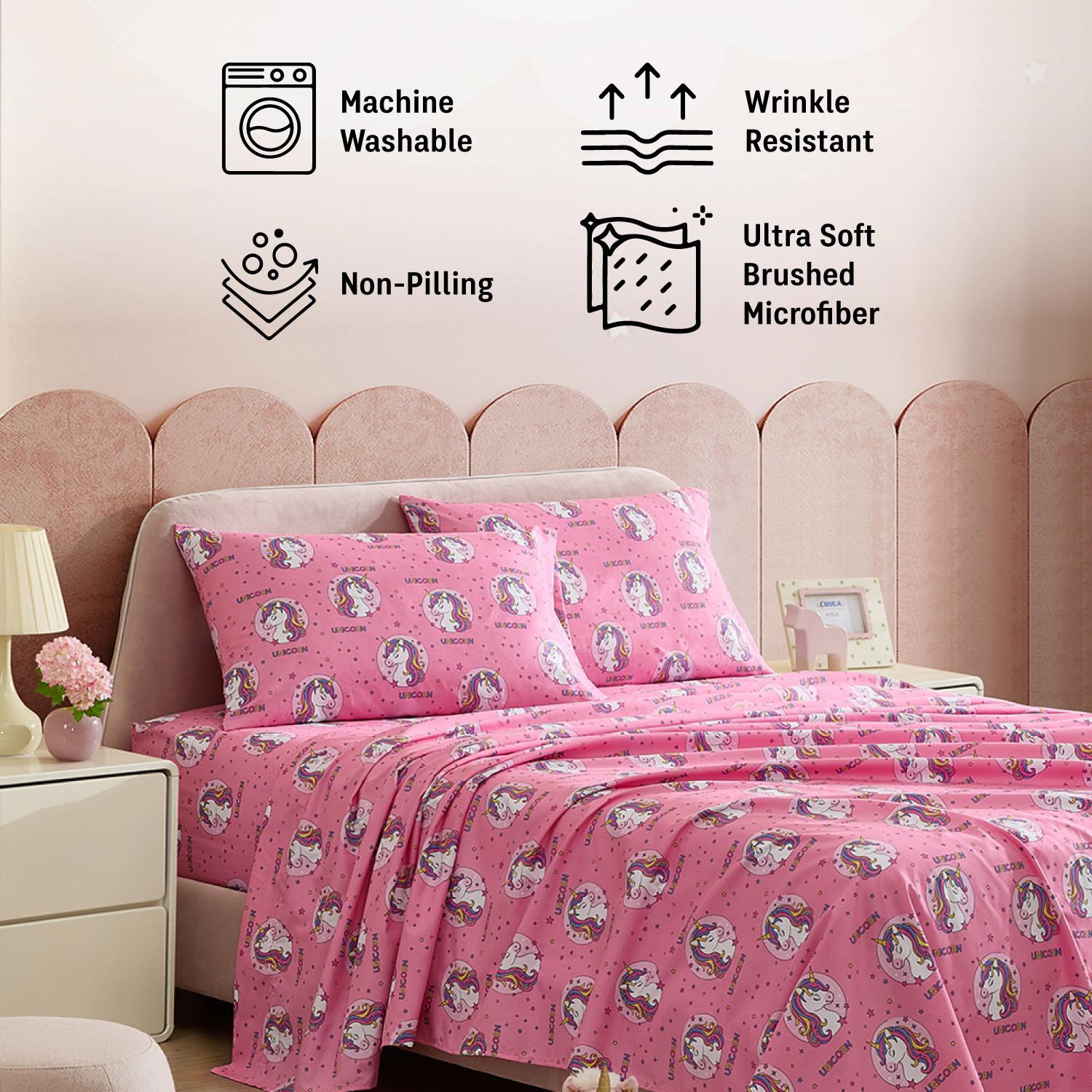 HLC.ME Printed Unicorn Girls Kids Bed Sheets Set - Wrinkle Resistant & Ultra Soft Fits Mattresses up to 15 Deep