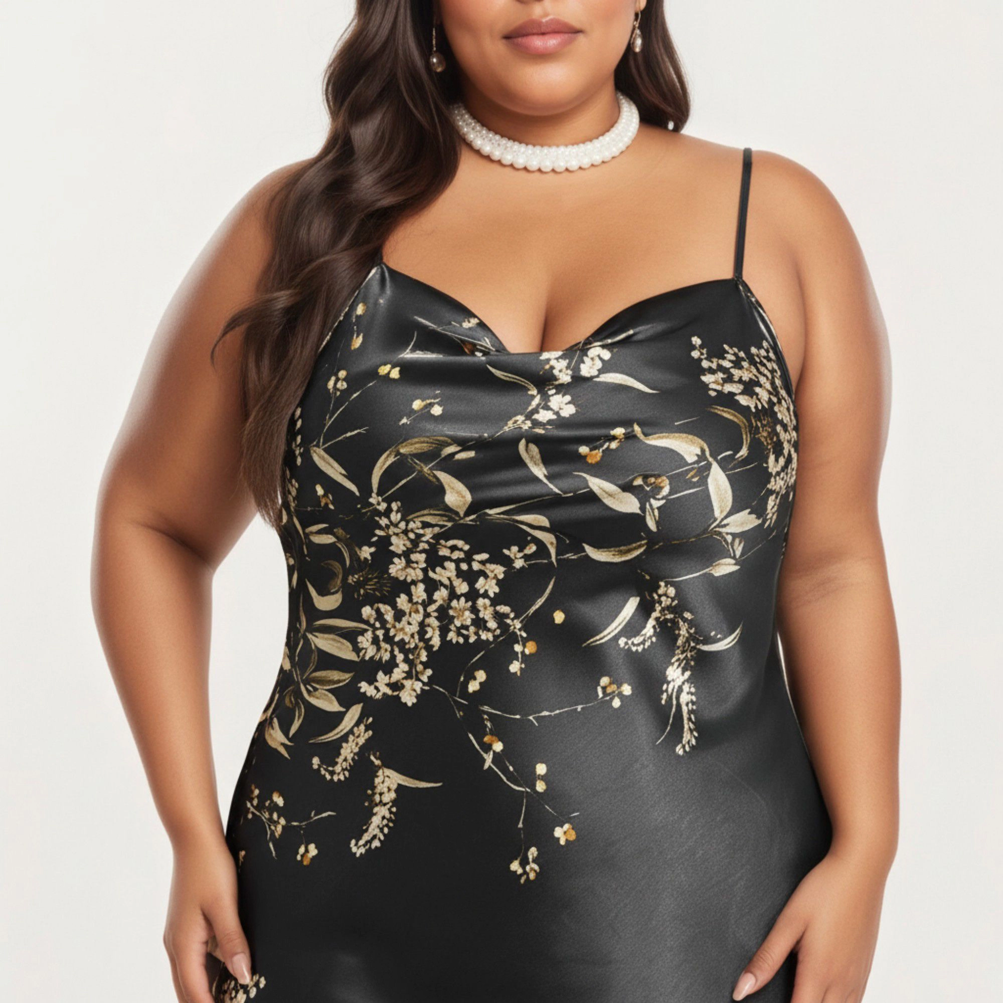 Anna-Kaci Women's Plus Satin Floral Slip Nightgown Adjustable Spaghetti Straps Cowl Neck Midi Length Dress