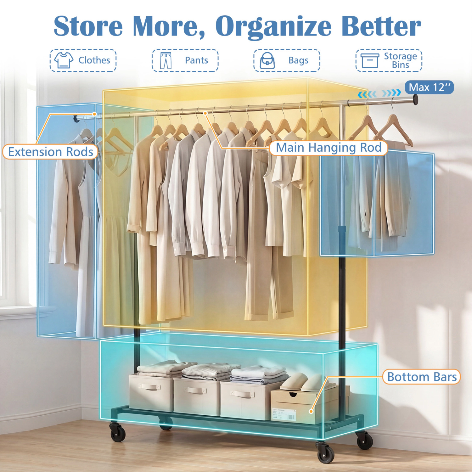 SUGIFT Rolling Clothes Rack Extendable Garment Stand with 90-lb Main Rod Capacity Black + Silver
